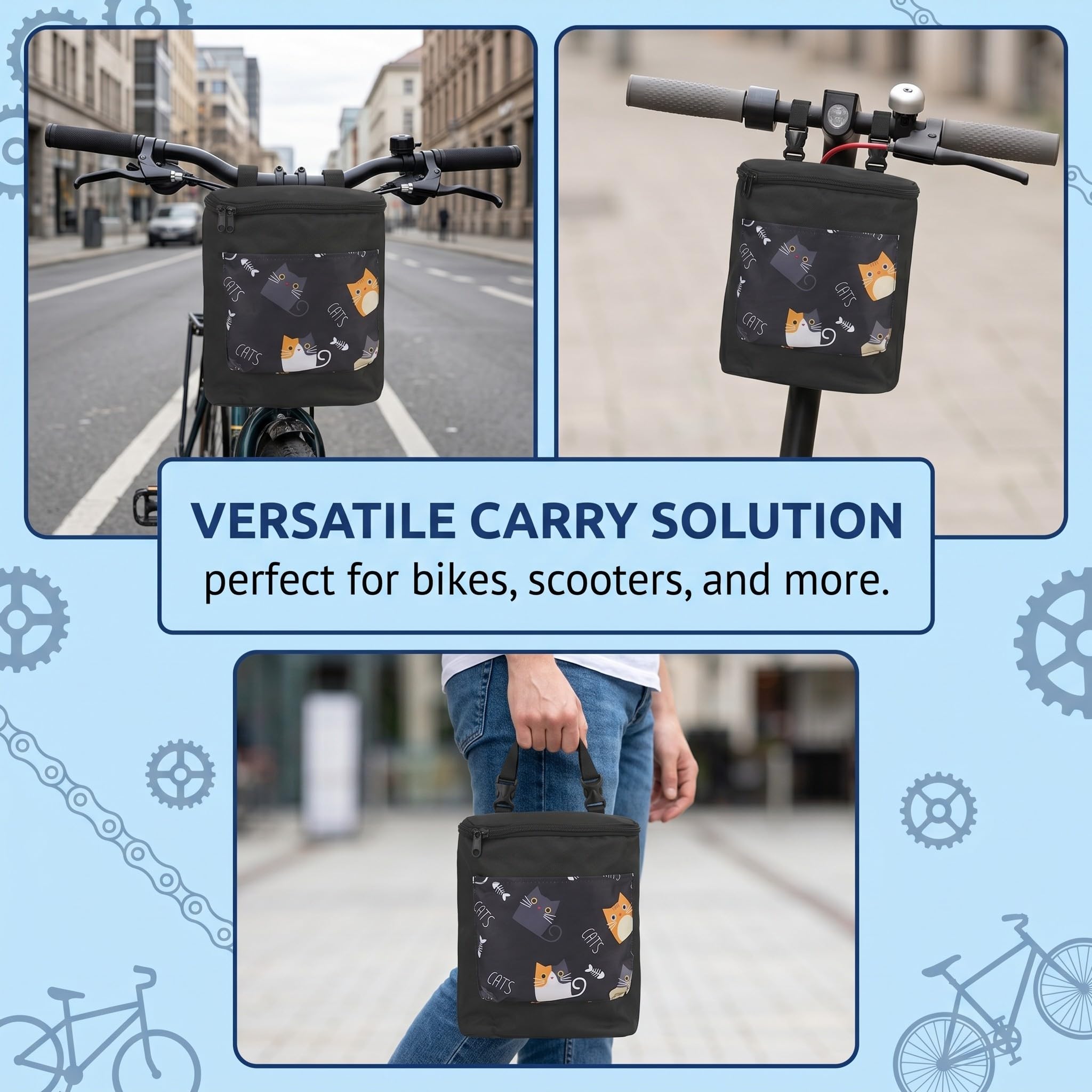 1 Borsa Portaoggetti da Manubrio con Motivo Gatto Nero, Cestino Bicicletta Anteriore in Oxford 24x28x10 cm, Copertura Lampo, per Bici e Scooter – cestino bicicletta anteriore