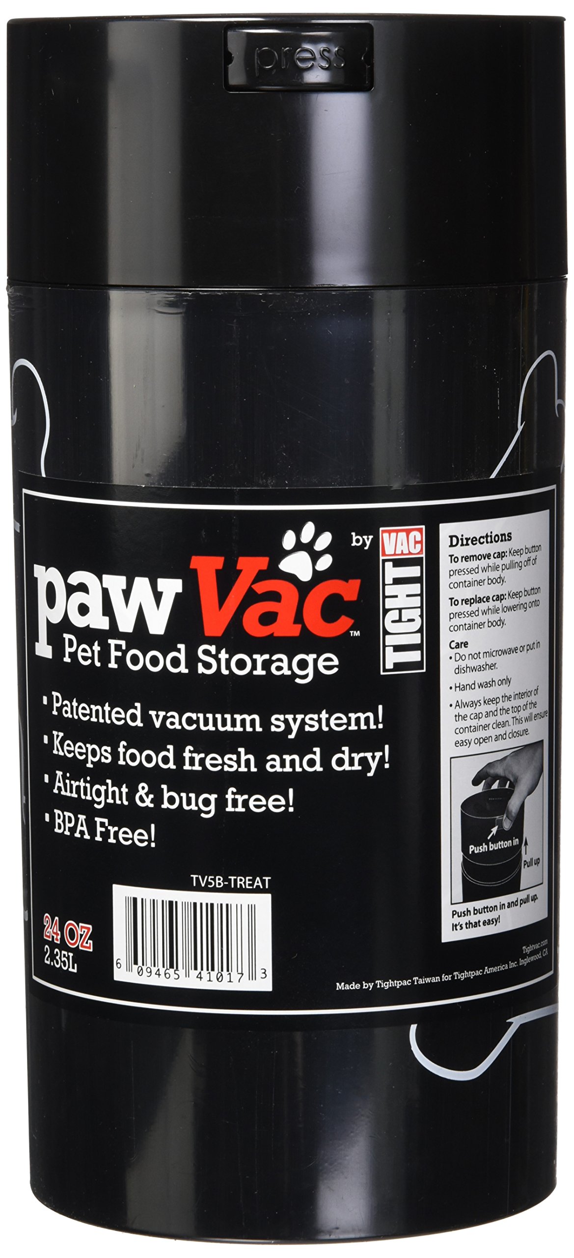 Pawvac 24 Ounce Vacuum Sealed Pet Food Storage Container; Black Cap & Body/White Treats