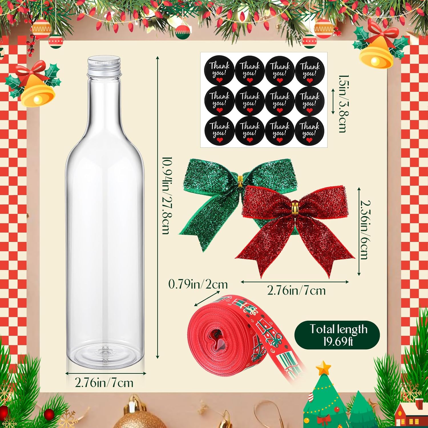 Baderke 6 Sets Christmas Plastic Wine Bottles 750ml with Caps Thank You Stickers Christmas Botellas Para Coquito Bottles Holiday Xmas Empty Brewing Wine Bottle for Kitchen Bar Party New Year(Classic) - Image 2