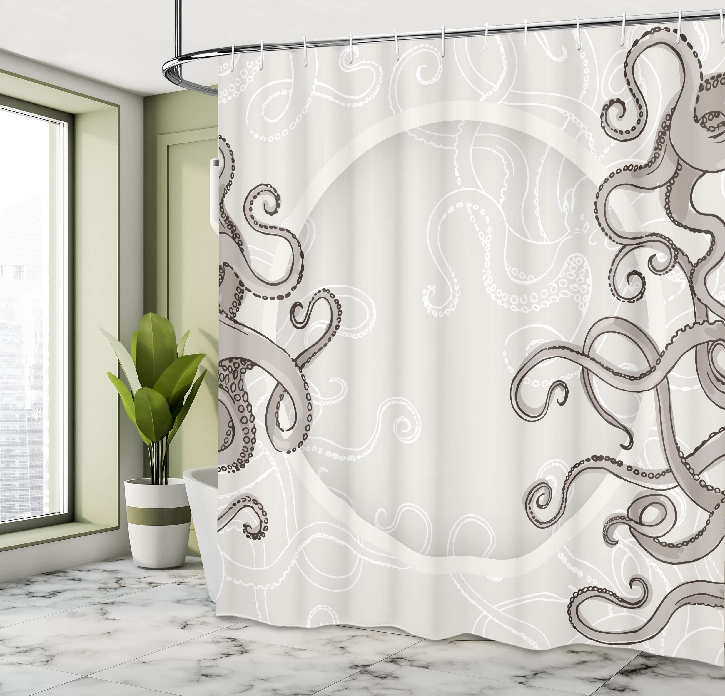 ABAKUHAUS Kraken Shower Curtain, Fish Octopus Tentacles a Circular Shape Surreal Universe Treasure Beast Graphic - Image 4