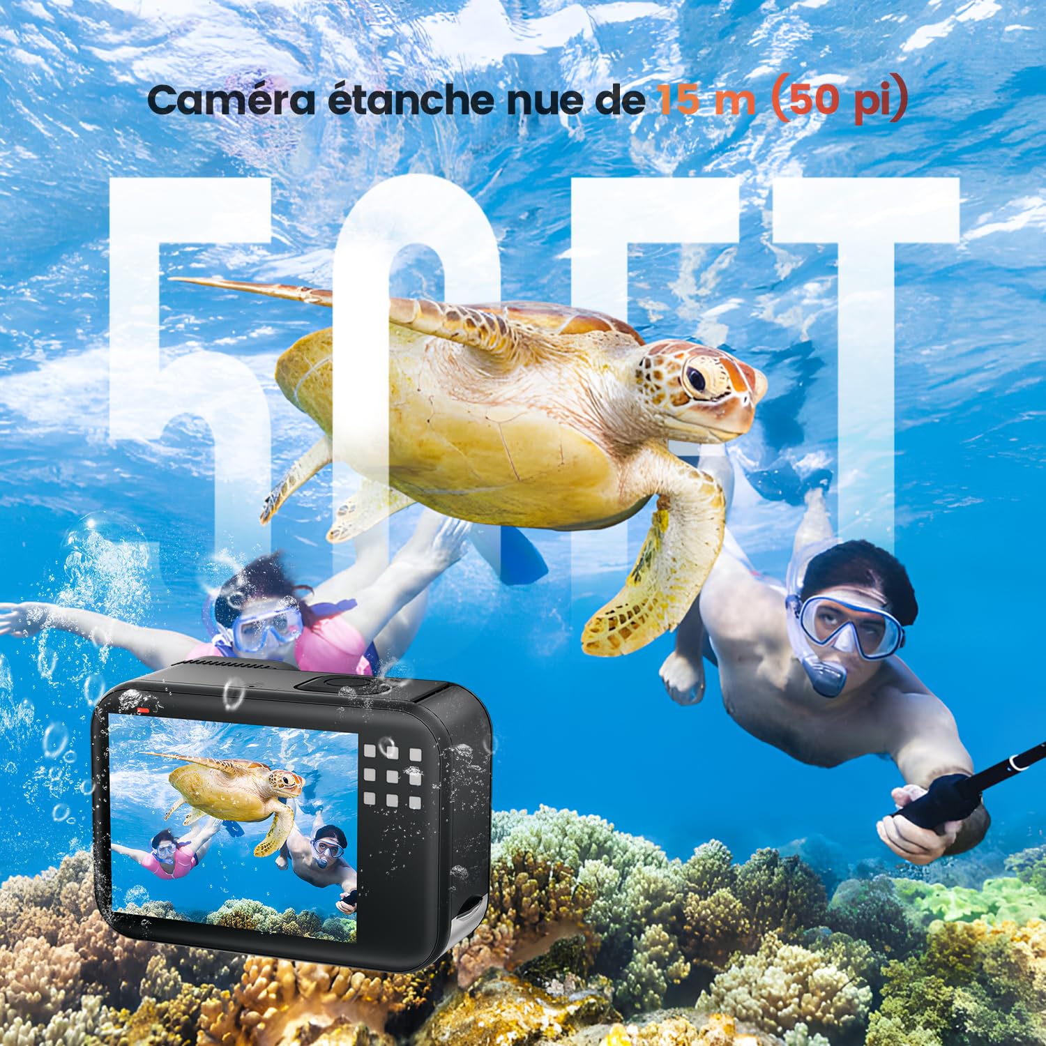 4K 60FPS 48MP Camera Sport, 50FT caméra étanche Waterproof, 8X Zoom, Grand Angle de 170° EIS stabilisation Casque avec Carte 64GB, WiFi Batterie de la caméra d'action (64GB)