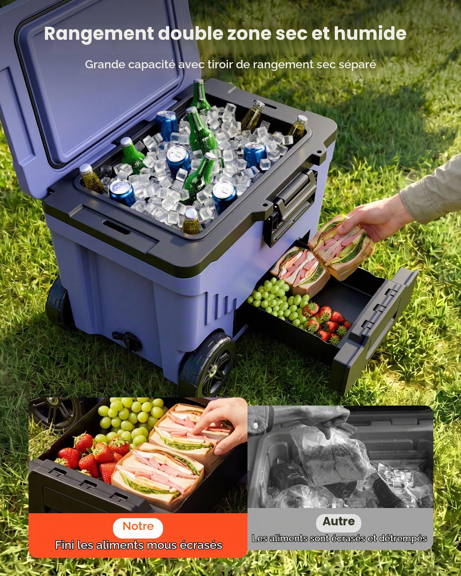 VEVOR Glacière Rigide à roulettes 42,6 L Boîte Isotherme Rigide Portable, pour Aliments Boissons Camping Pêche Pique-Nique Jardin Plage, Rétention du Froid jusqu'à 48 H, Séparation Sec et Humide