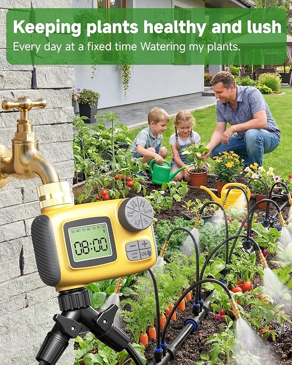 66FT Drip Irrigation System with Timer, Automatic Watering System Kit with Solid Brass Metal Connectors, 360 DualOutlet Adjustable Nozzles for Garden, Yard, Lawn, Greenhouse & Potted Plants
