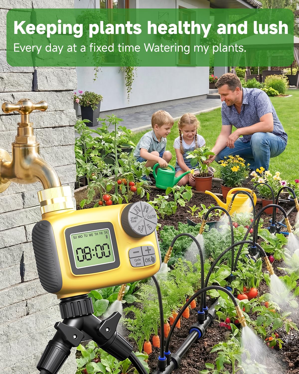 66FT Drip Irrigation System with Timer, Automatic Watering System Kit with Solid Brass Metal Connectors, 360° Dual‑Outlet Adjustable Nozzles for Garden, Yard, Lawn, Greenhouse & Potted Plants