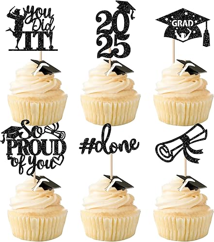 Miniatura 442 de Paquete de 24 adornos dorados para cupcakes de graduación 2025 con purpurina So Proud of You Done Diploma Graduation Cap Cupcake Picks Class of 2025
