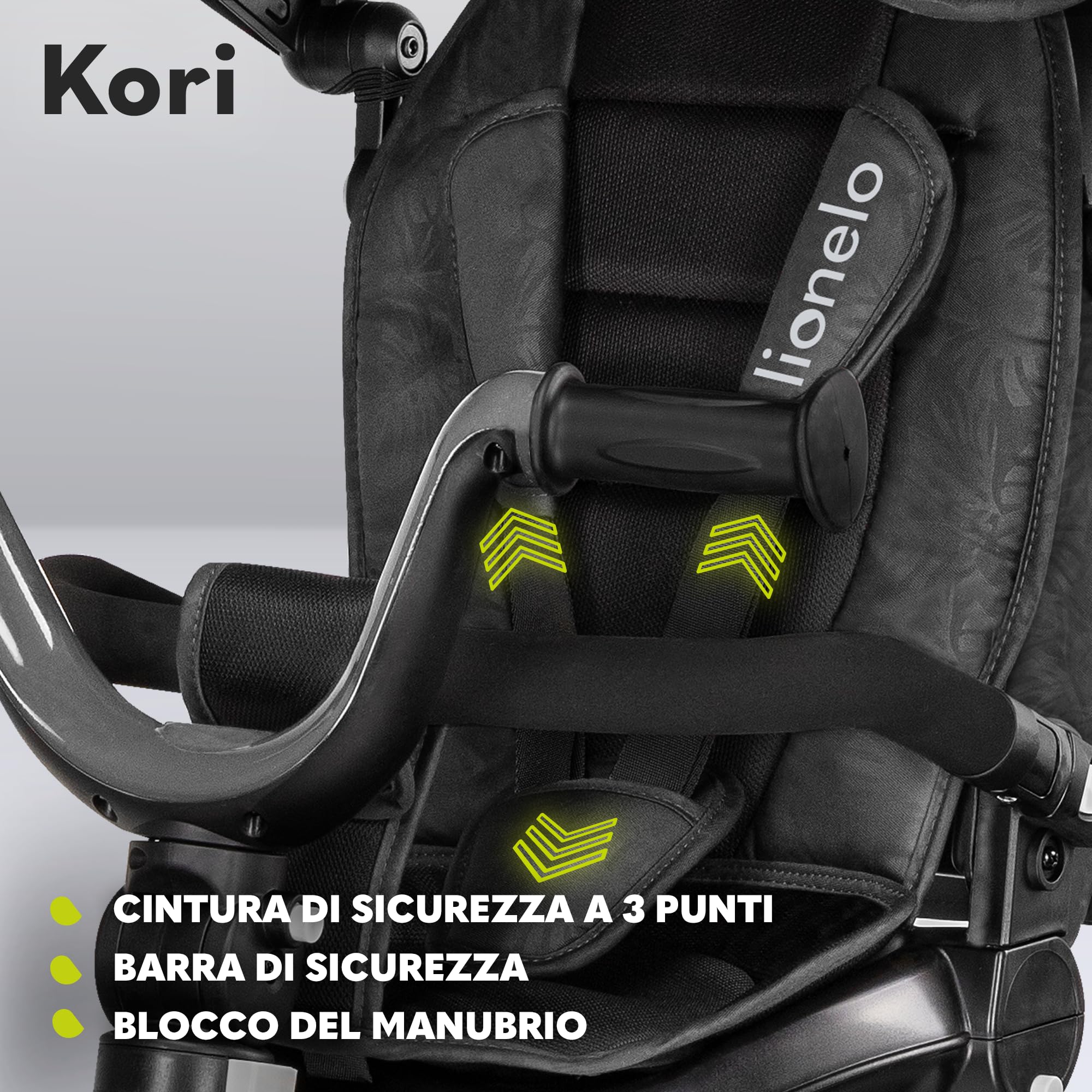 LIONELO Kori Triciclo Evolutivo per Bambini da 1.5 Anni fino a 25 kg Sedile Girevole 360° Telaio ultraleggero in lega di magnesio, Pneumatici resistenti, Maniglione per genitori e Accessori