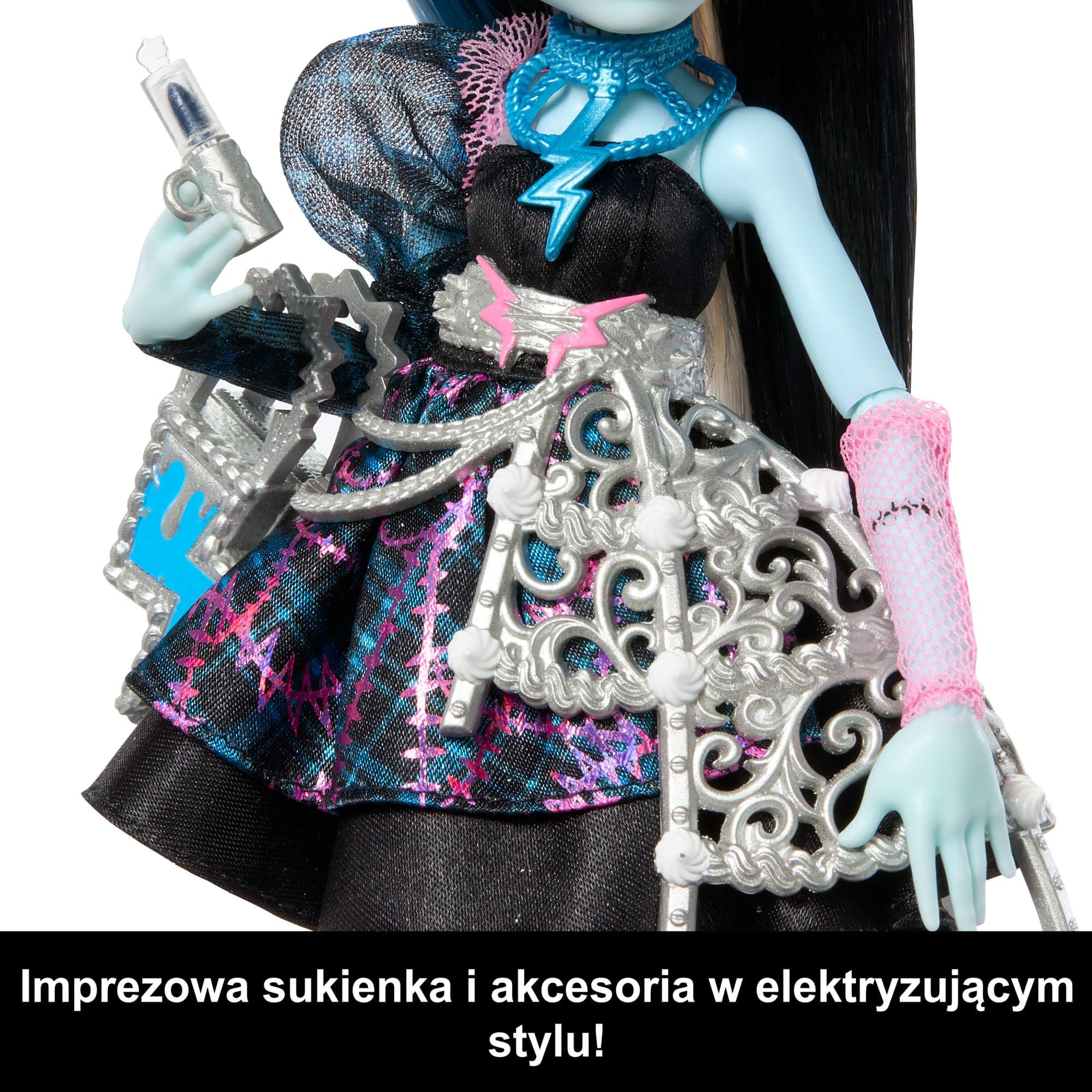 Monster High Straszysłodkie urodziny Frankie Stein Lalka zabawka w czarnej sukience z akcesoriami tematycznymi, w tym zaproszenie, „balon”, prezent i „szminka”, JBG75