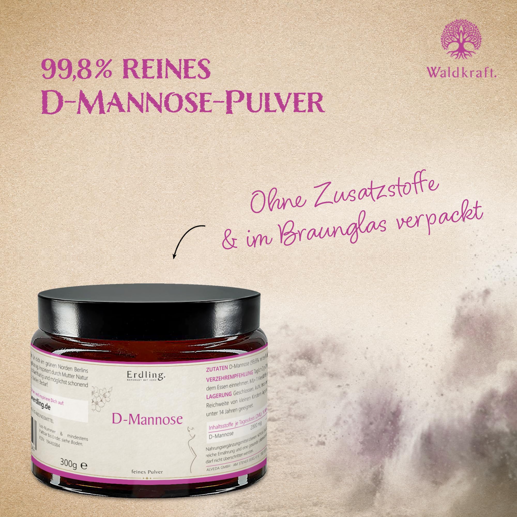 Waldkraft D-Mannose Pulver | 99% ig reine D-Mannose aus Früchten | Ohne Zusatzstoffe & vegan | In praktischer Pulverform | Ohne Zusätze | 300 g im Braunglas
