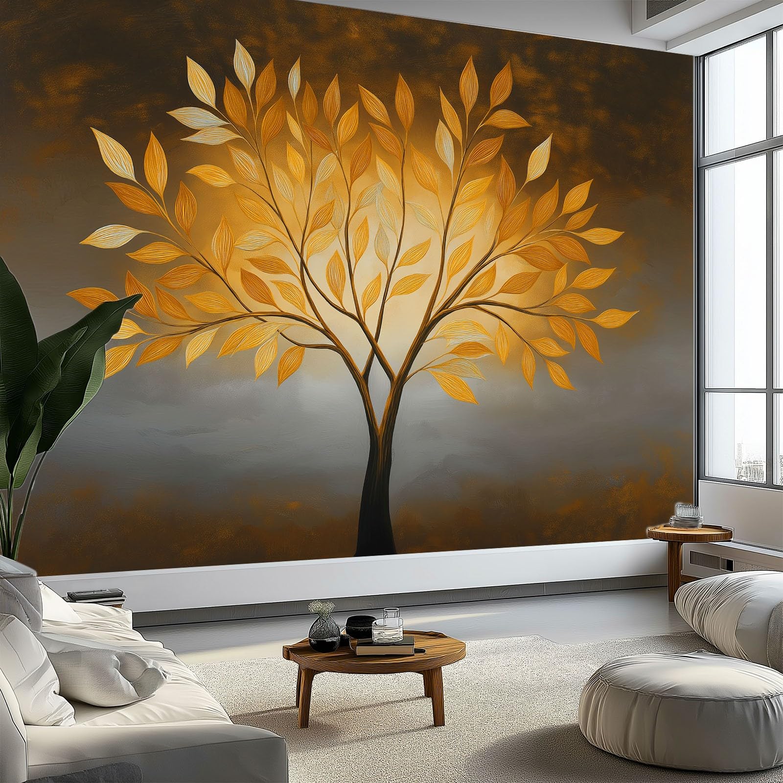 Generisch Tapeta panoramiczna 3D 350 x 256 cm (szer. x wys.), do salonu, sypialni, żółta, odporna na promieniowanie UV, tapeta z włókniny na ścianę - minimalizm, ręcznie malowana tapeta z wzorem drzew