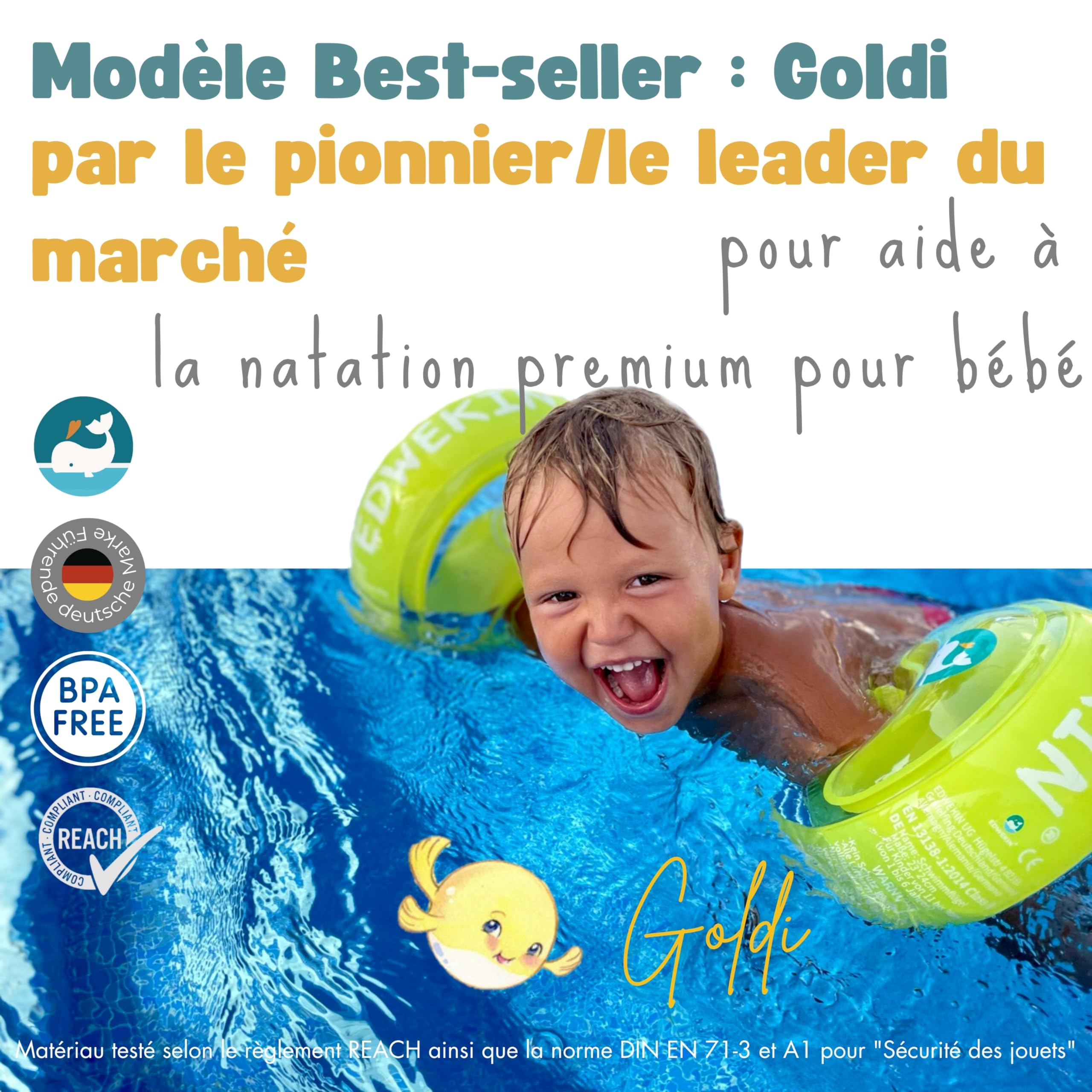 EDWEKIN® Bouées de natation de qualité supérieure - Certifié TÜV et GS - Pour enfants de 1 à 6 ans - Sans BPA et design élégant - Aide à la natation sûre pour bébés et tout-petits