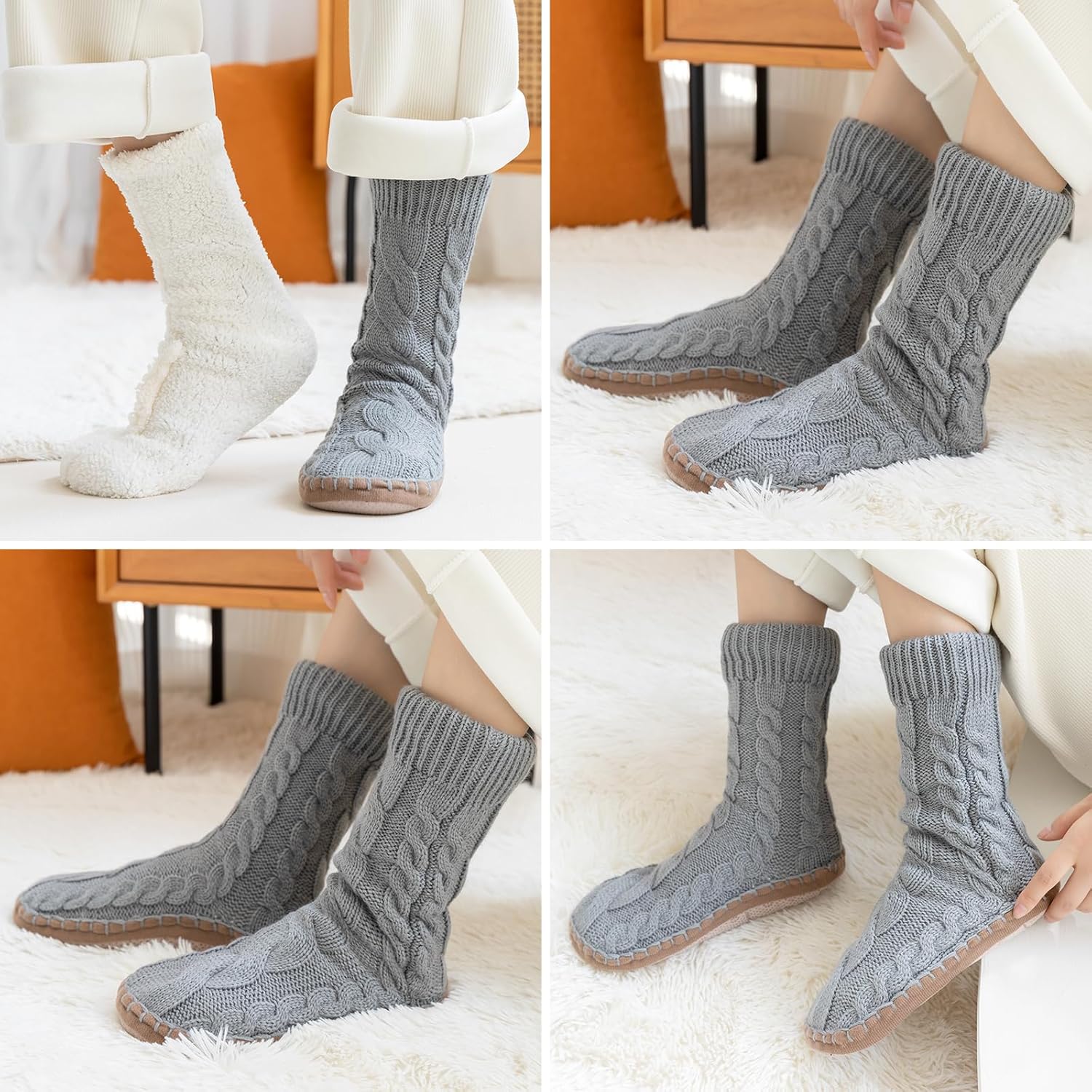 Slipper Socks for Women Grippers, Black Thick Lined Knit Slipper Sock With Sole Non Skid Bottom, Indoor House Fuzzy Slipper Sock for Hospital Floor, Christmas Slipper Socks for Family, Large Size 9-11 - Image 2