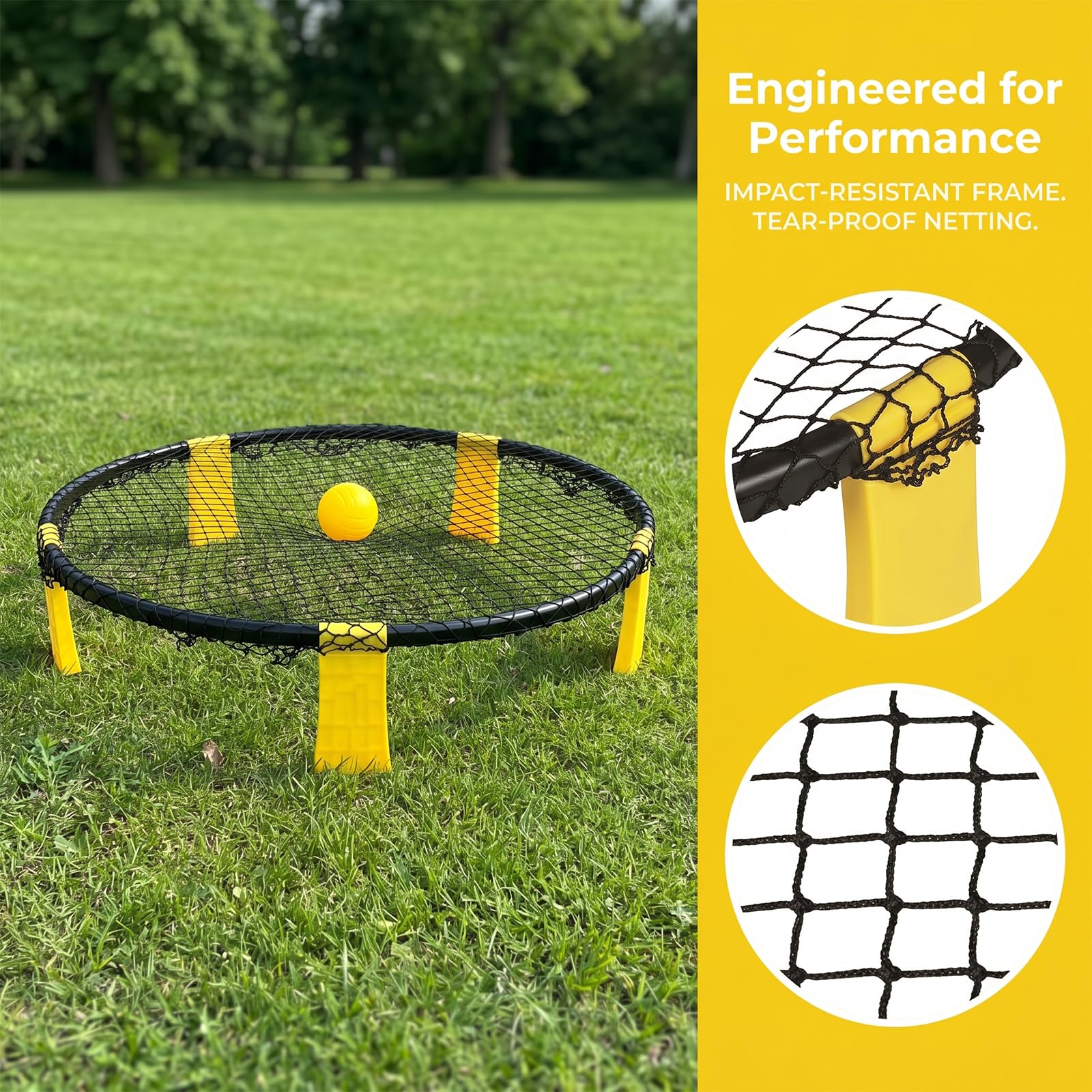 Profi Roundnet Set für Draußen Stabiles Outdoor Spieleset für Garten und Strand Tragbares Ballspiel für Erwachsene und Kinder inklusive Netz 2 Bälle Pumpe und Tasche Gelb
