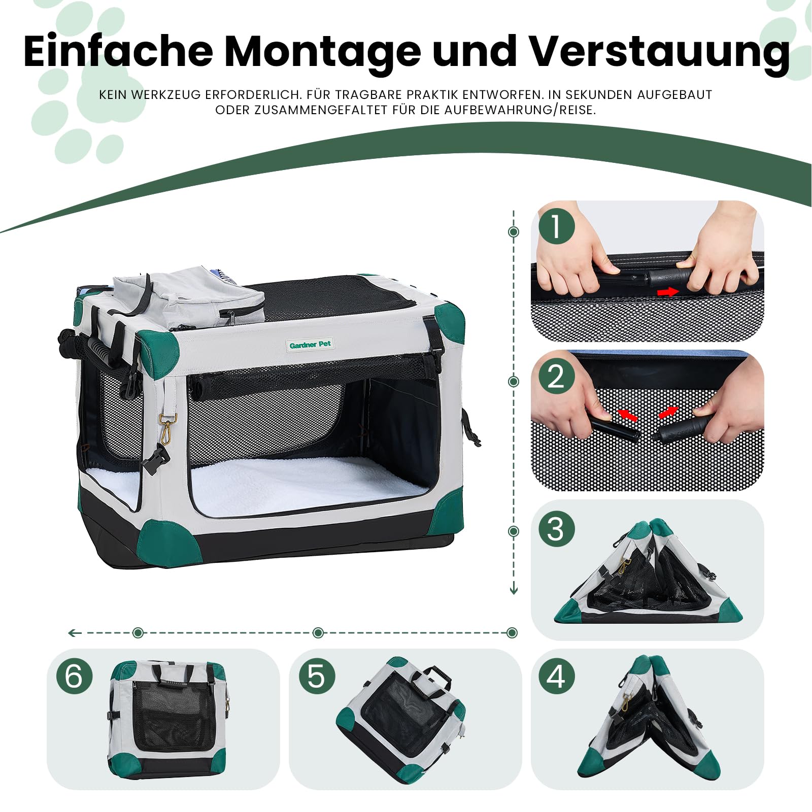 Gardner Pet Hundebox faltbar, Grau, 76x53x53cm, Katzen & Hunde bis 23 kg | Hundetransportbox mit Tragegriffen, Mit Decke, Für Katzen & Hunde bis 23 kg, Mit Aufbewahrungstasche