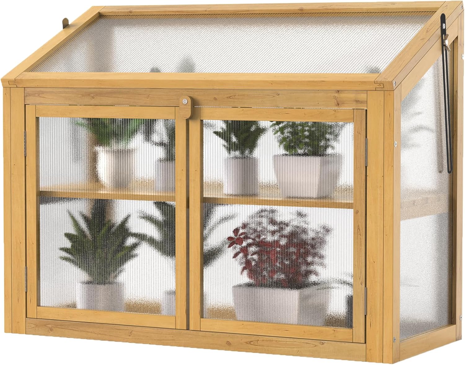 HOOYEAH Wooden Cold Frame Greenhouse, Small 3-Tier Greenhouse Cabinet with Adjustable Shelves & Flip-Top Ventilated Roof for Outdoor and Indoor Use