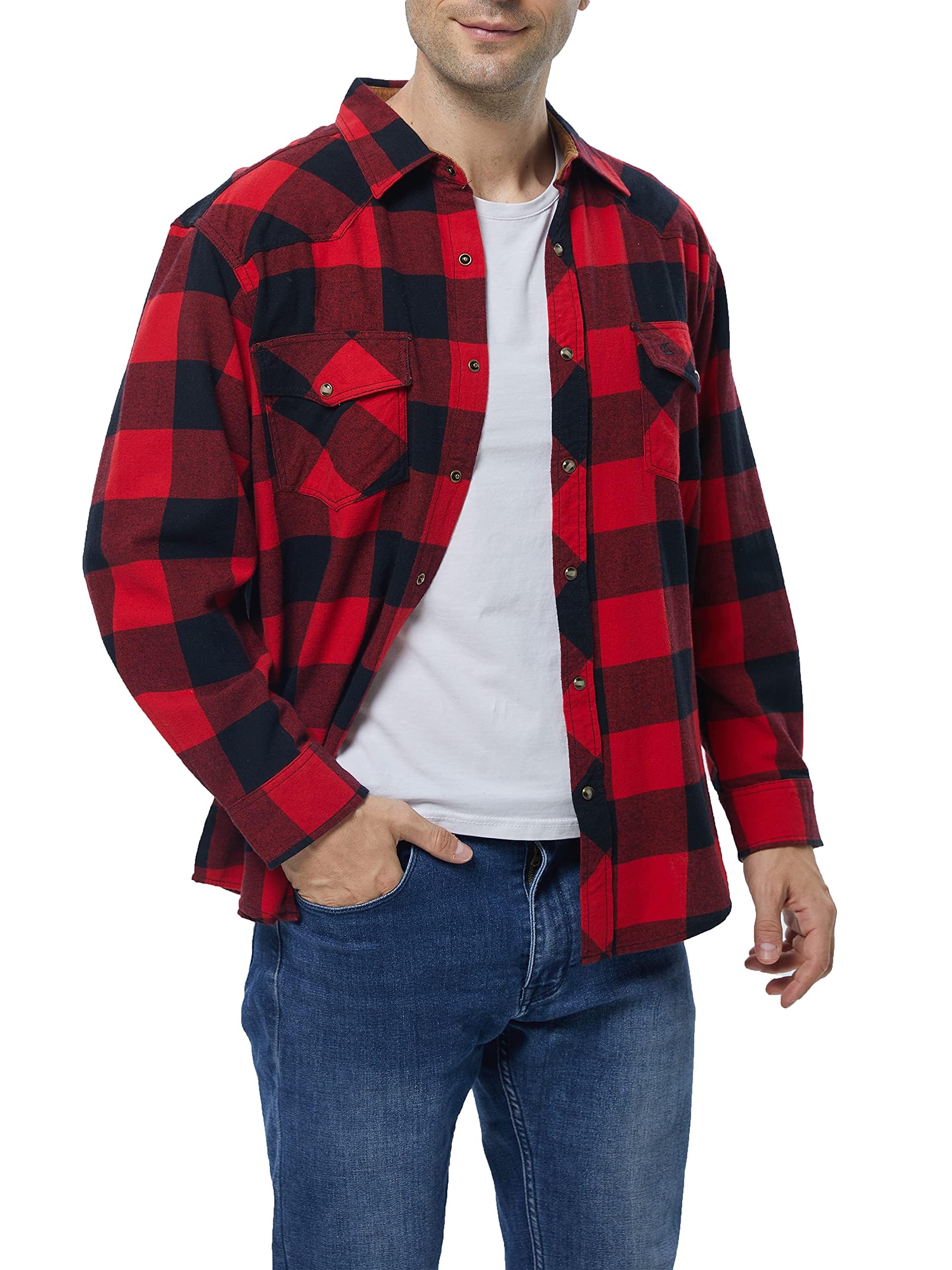 Camicia in flanella da uomo a maniche lunghe, camicia da boscaiolo, a quadri, con bottone, in cotone con tasca, vestibilità normale, casual, camicia