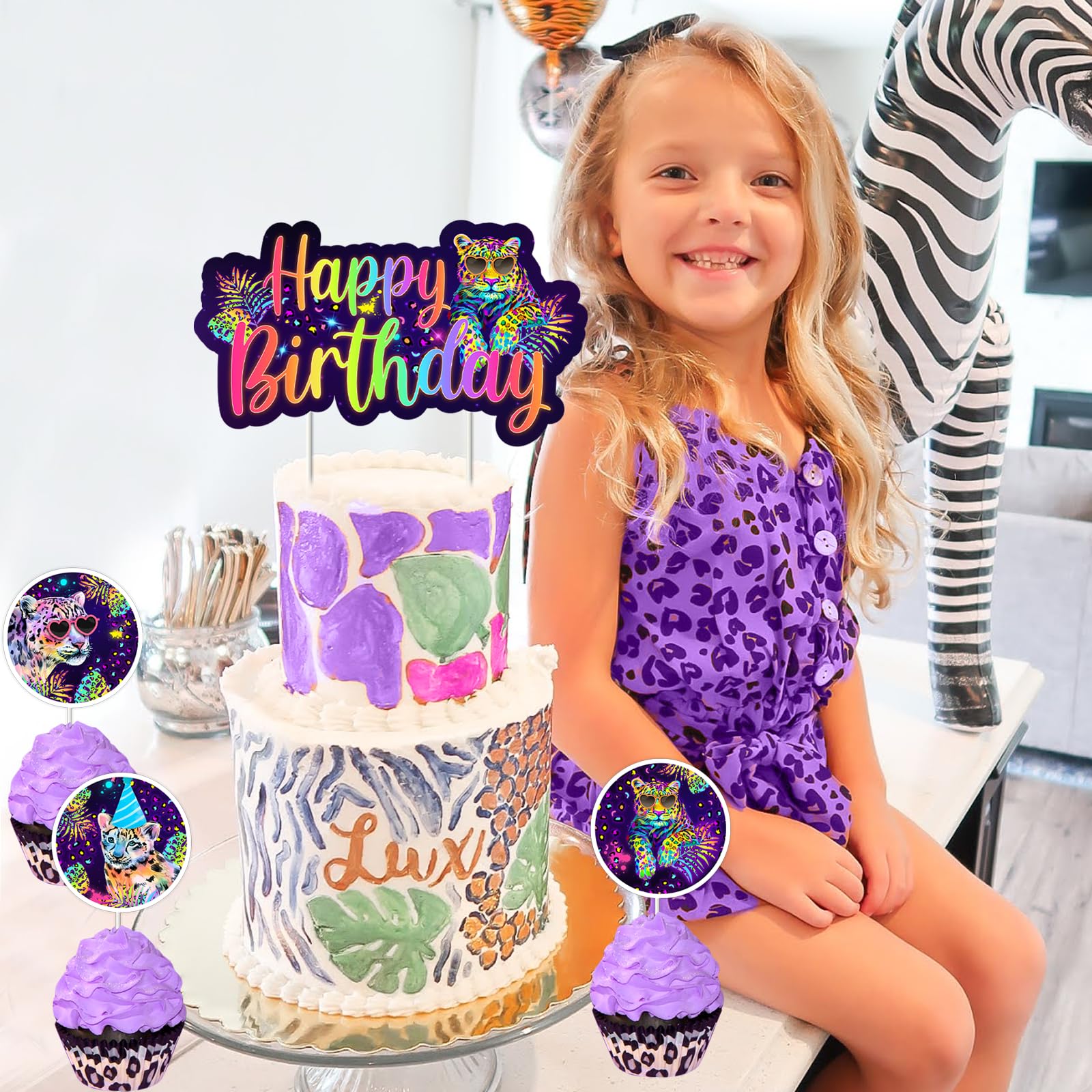 Regenbogen Gepard Geburtstagsdeko Set – Mit Hintergrund, Banner, Cake Topper & Ballons Für Dschungel Safari Party