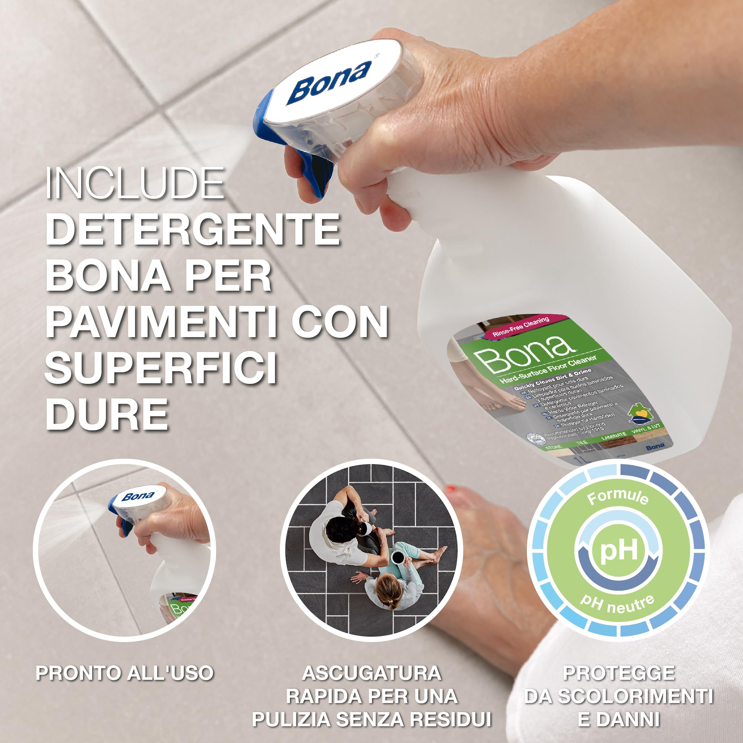 Bona mocio per pietra, piastrelle e laminato, set di mop con detergente da 1 L e tampone di pulizia in microfibra, prodotto per laminato, detergente per pavimenti pvc, LVT, panno, piastrellato