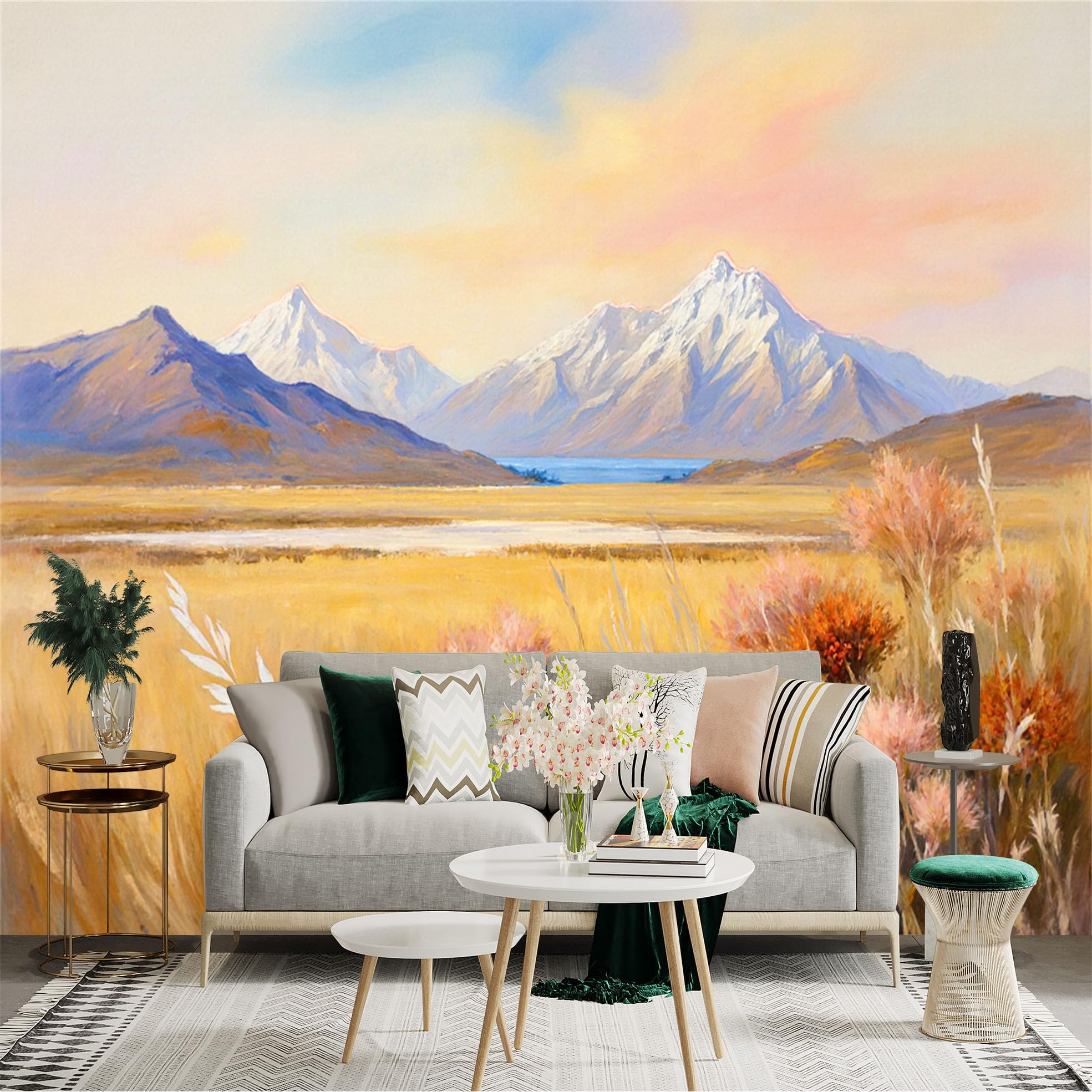 Custom Size Wall Sticker Mural， Sunset Mountain Landscape with Lake， Golden Field and Blooming Bushes， for wall Decoration， peelandstick wall Decals.