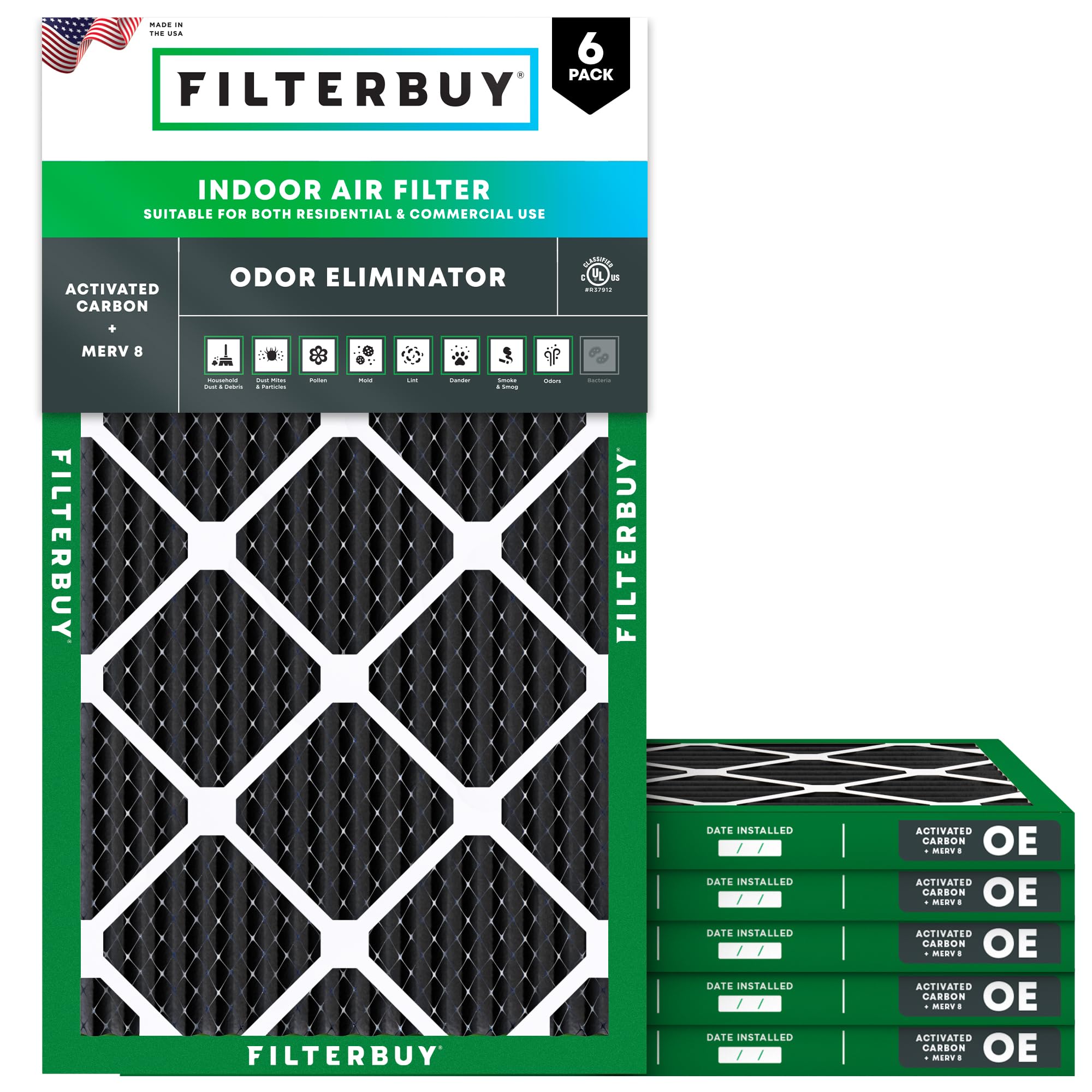 Filterbuy 16x24x1 Air Filter MERV 8 Odor Eliminator (6-Pack), Pleated HVAC AC Furnace Air Filters Replacement with Activated Carbon (Actual Size: 15.38 x 23.38 x 0.75 Inches)