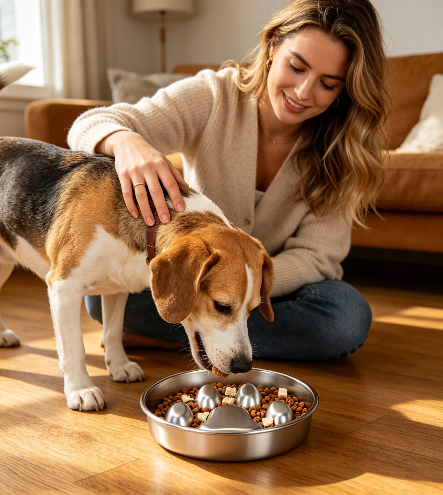 PETTOM Gamelle Anti Glouton Chien INOX, Rond, Diamètre 21cm | Acier Inoxydable, 2 Tasses, Double Face, Compatible Croquettes et Pâtée, Passe au Lave-Vaisselle
