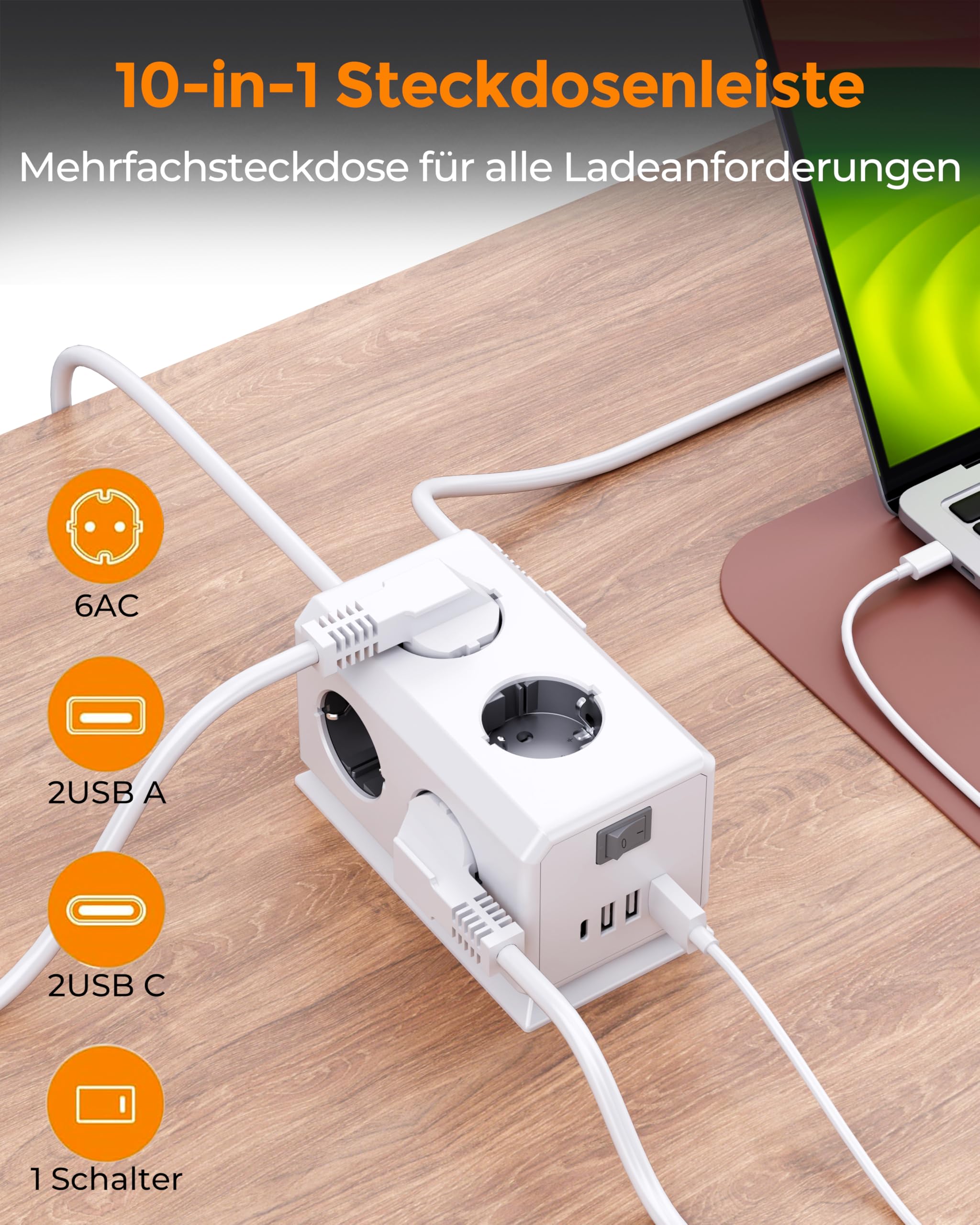 6-poorts USB-oplader, meervoudig met 120 cm netsnoer, 30 W stekkerdoos met USB, QC 3.0 laadadapter voor iPhone 16, 15, 14, 13, 12, 11 Pro Max, iPad, telefoonstopcontact, oplader, netstekker