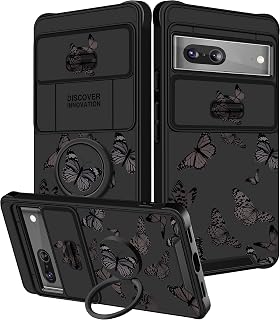Funermei (2 em 1 para Google Pixel 7 Capa feminina borboleta fofa para celular feminina borboleta preta design bonito estético com capa de câmera + suporte de anel para capa de celular Google Pixel 7