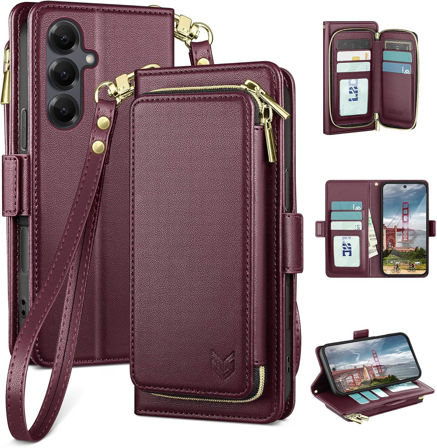 DJBEAR for Samsung Galaxy S25 Wallet Case for Men & Women, All-in-One Flip Folio Cover with 9 Card Slots, Zipper Pocket, Detachable Wrist Strap, Full Body Protection for Samsung S25 Wine Red