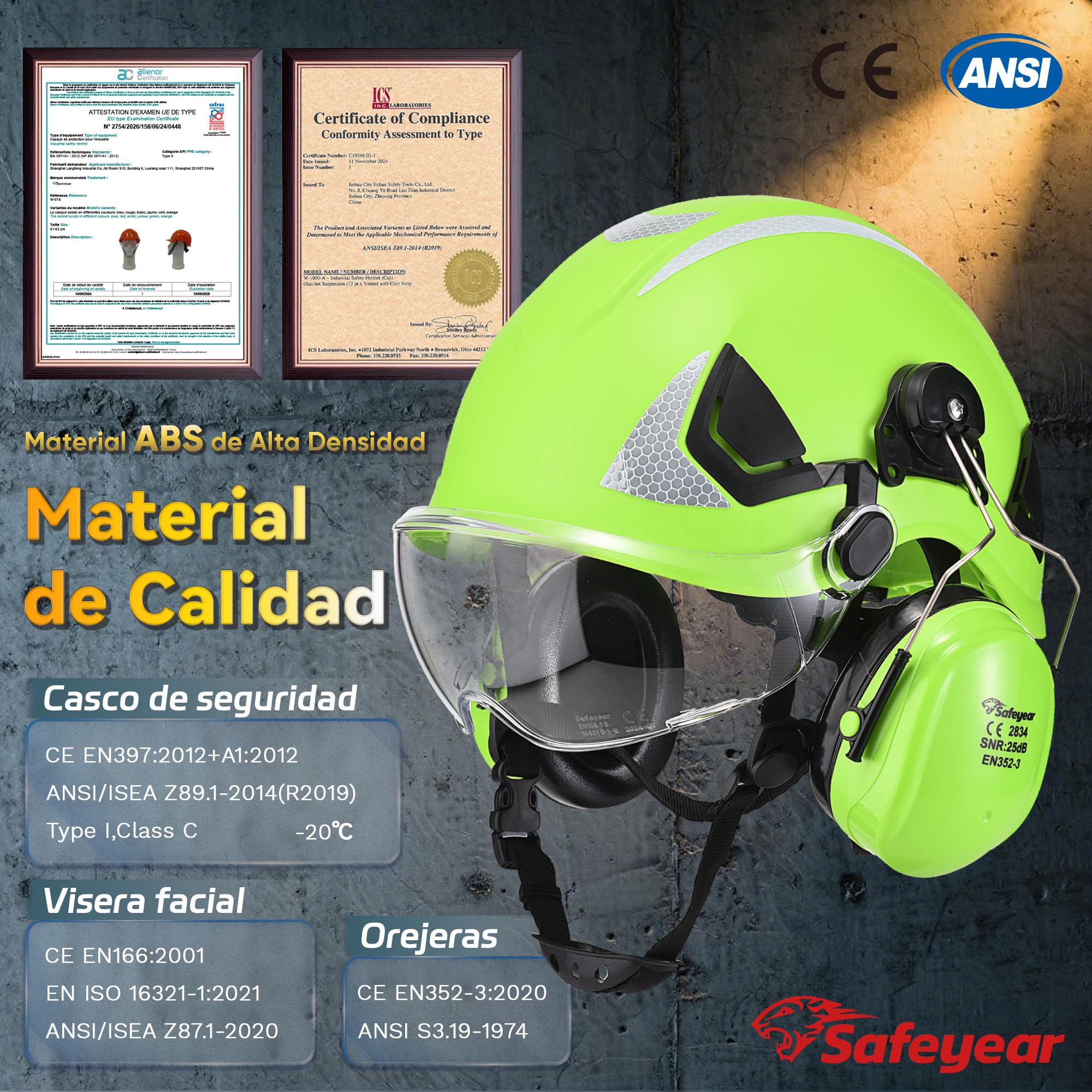 Safeyear Casco de Obra Homologado EN397 para Construcción, Casco de Seguridad con Orejeras Antiruido SNR 25dB y Visera Facial para Motosierra y Desbrozadora, Casco de Trabajo ABS con Gafas de Regalo