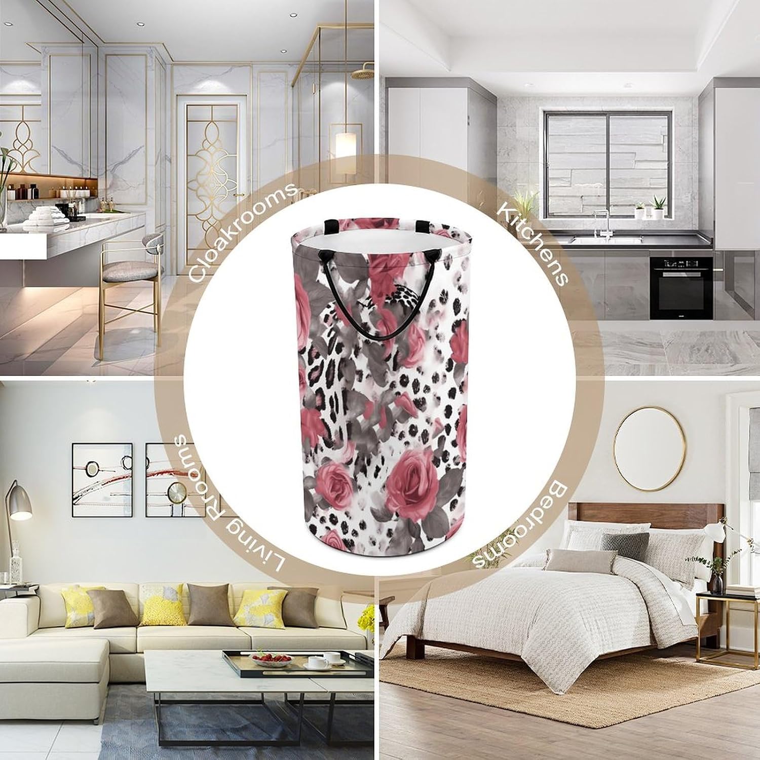 Large Laundry Hamper with Handles Rose Mix Leopard Pattern Laundry Basket Freestanding Waterproof Clothes Hamper for Living Room Bedroom Bathroom College Dorm