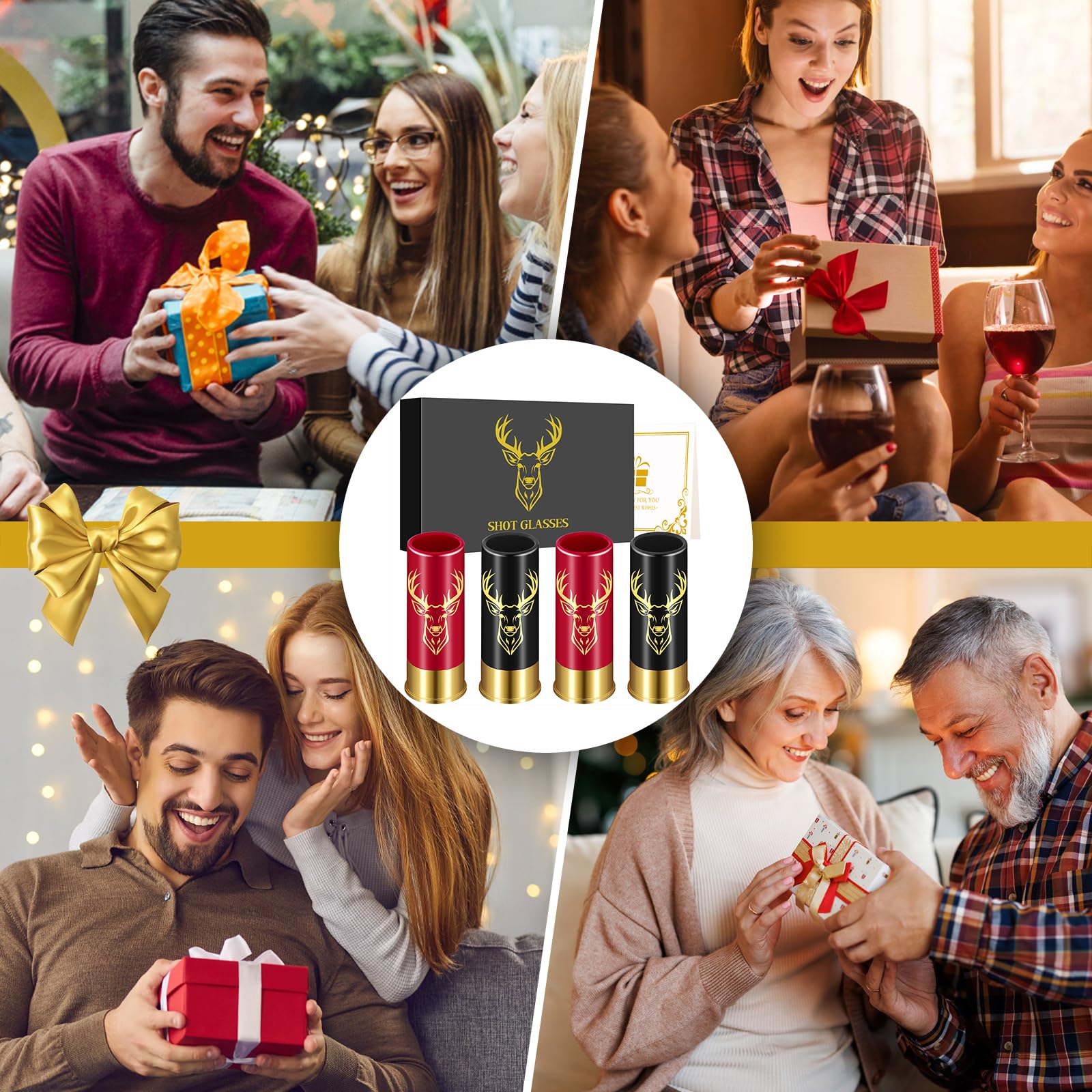 Set di 4 Bicchierini da Shot con Testa di Cervo, con Confezione Regalo, Regali di Compleanno, Matrimonio, Festa del Papà, Natale, 12GA Caccia al Cervo, Piccoli Bicchierini, Plastica, Nero e Rosso