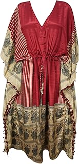Womens Caftan Dress Red Printed Kimono Tassel Long Resort Wear One Size