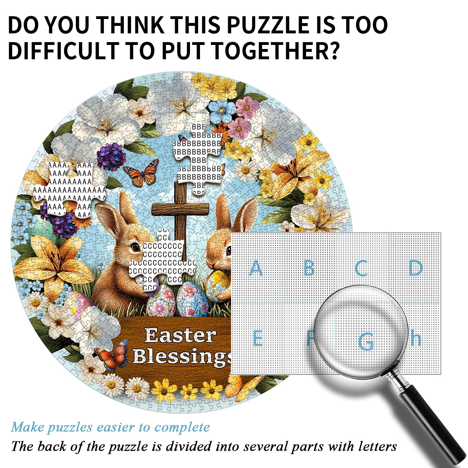 PICKFORU Easter 1000 Piece Jigsaw Puzzle - Round Flower Bunny & Cross Eggs Design, Spring Floral Puzzle For Adults, 26.8 X 26.8 Inches - View #2