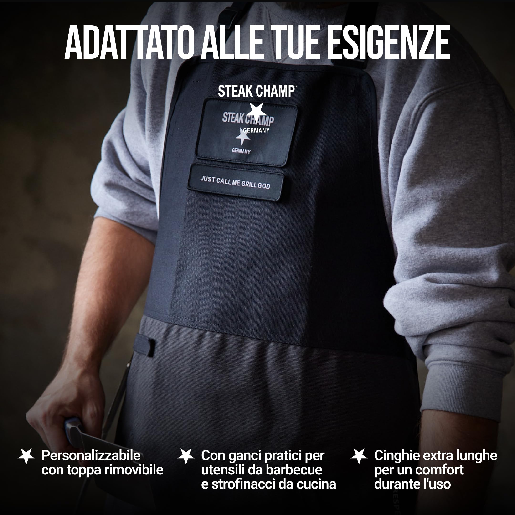 Steakchamp Grembiule da Griglia e Bar: Grembiule Robusto per Cucina e Griglia, Regolabile, con Trattamento Resistente allo Sporco e all'Acqua, con Toppa Personalizzabile