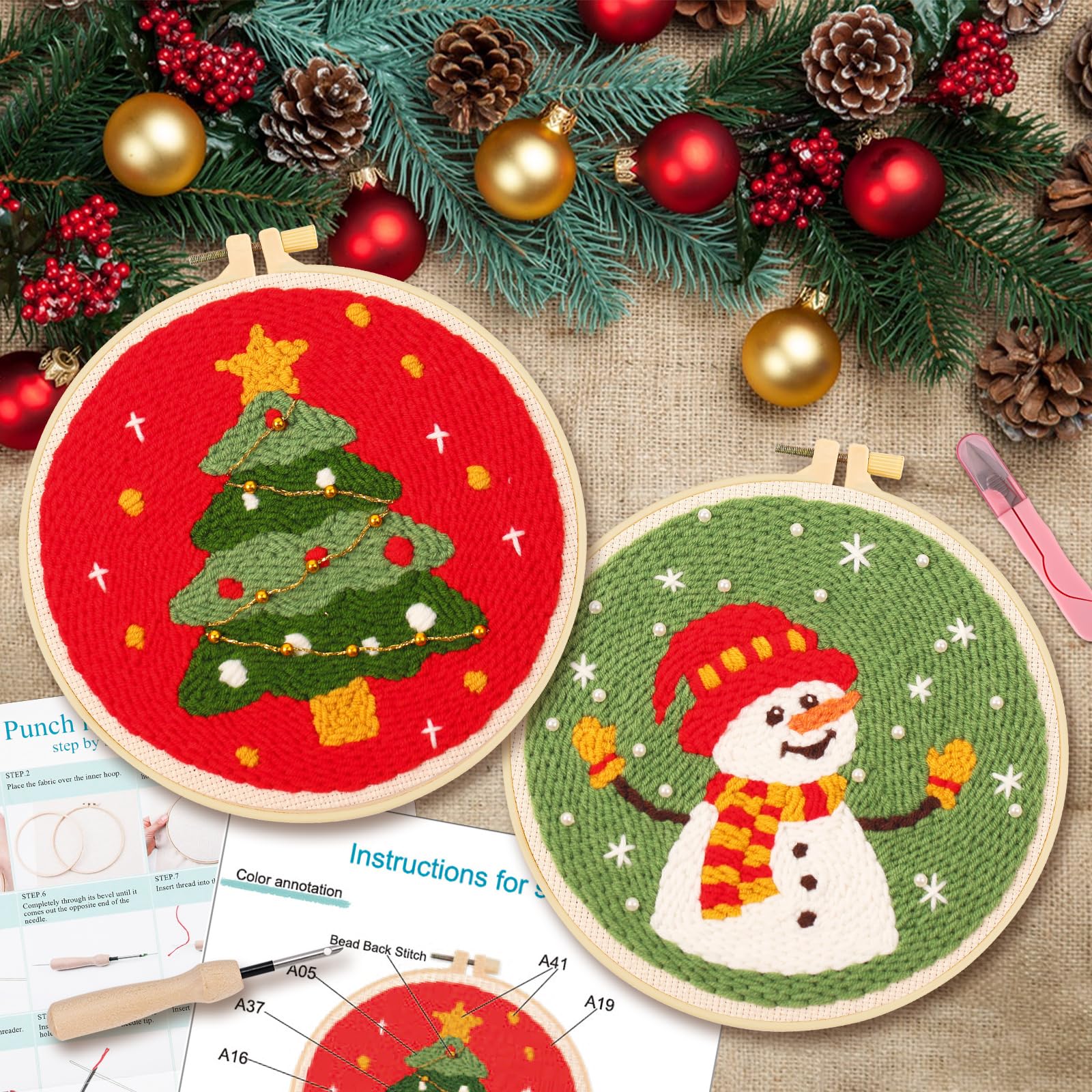 JSRQT 2 set di aghi da punzonatura natalizi per principianti, kit di ricamo per adulti e bambini, con motivo albero di Natale, pupazzo di neve, kit per ricamo per principianti con istruzioni (lingua