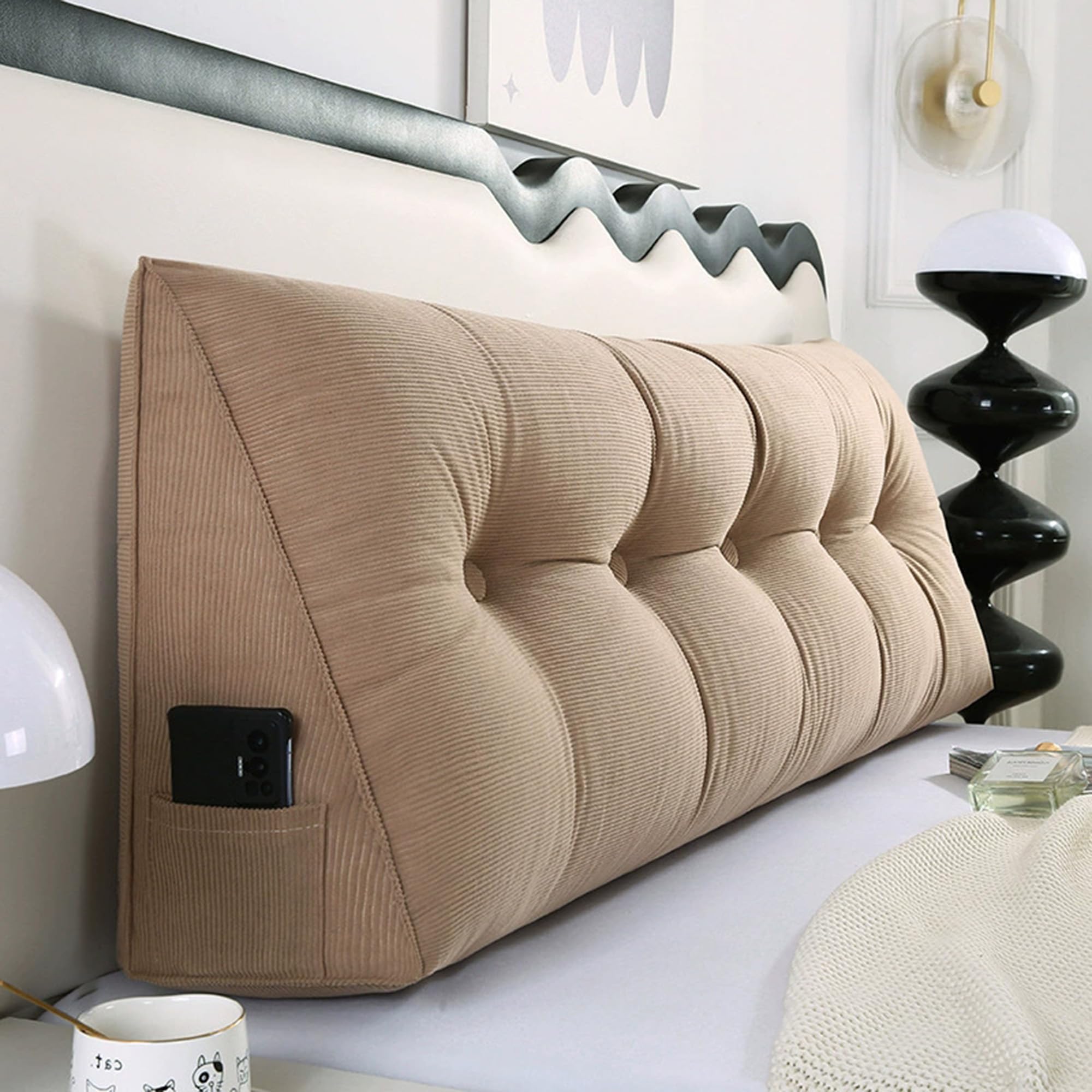 Hruile Wedge Back Lumbar Pillow, Triangular Headboards Pillow, Cosy Back Cushion for Sofa and Bed, Reading Cushion with Side Pocket, Sofa Daybed Positioning Bolster (180x50x20cm,Brown)