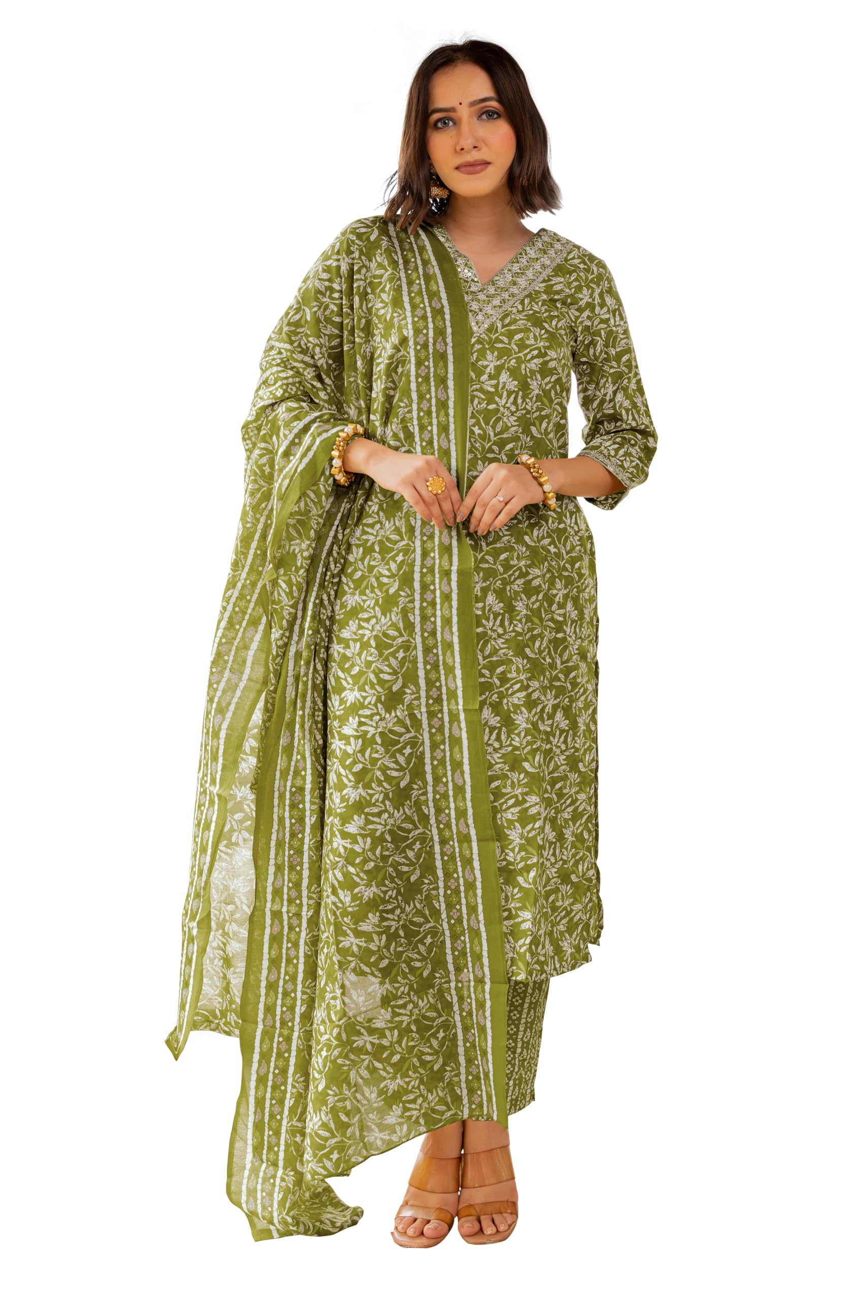 SOURBH Women's Straight Fit Cotton Embroidered Block Printed Kurta Set with Dupatta and Trouser