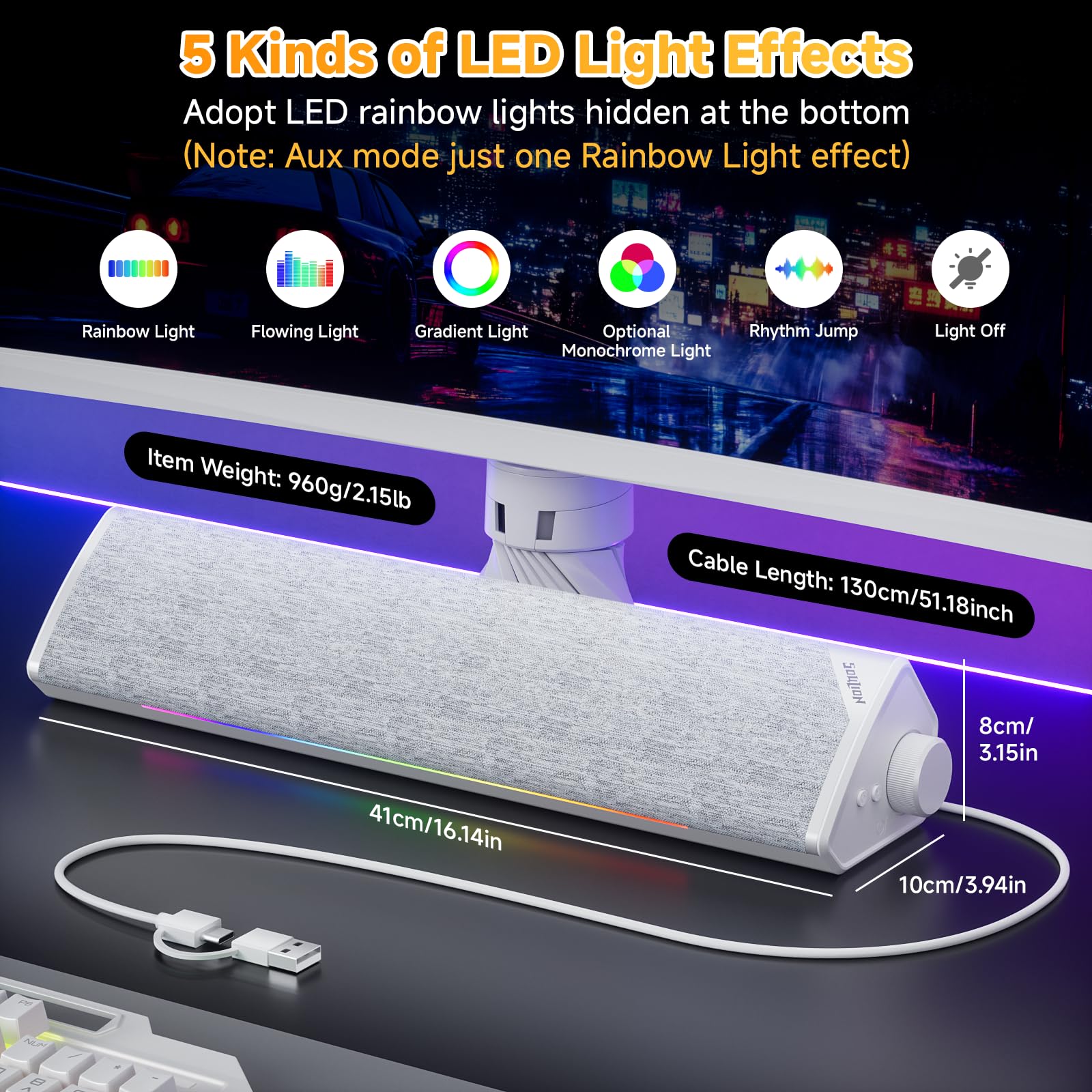 SOULION R60 Altavoz PC 12W Barra de Sonido USB Bluetooth para Gaming | Altavoces para Ordenador Portátil, Monitor, Bluetooth 5.3 , Luz LED, Alimentación por USB, con Conector de 3,5 mm Aux, Blanco