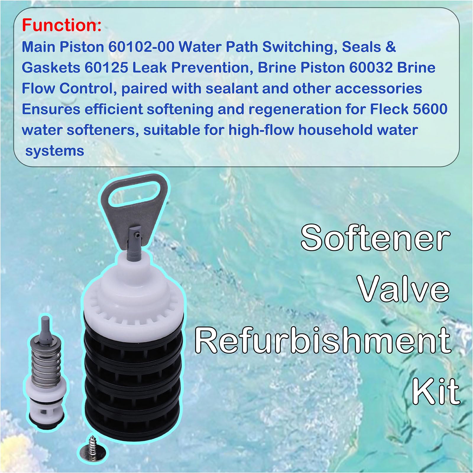 Kit de rehabilitación de válvula suavizante compatible con Fleck 5600, incluye pistón principal suavizante 60102-00, sellos y espaciadores 60125, tornillos, pistón de salmuera 60032 y sello inferior
