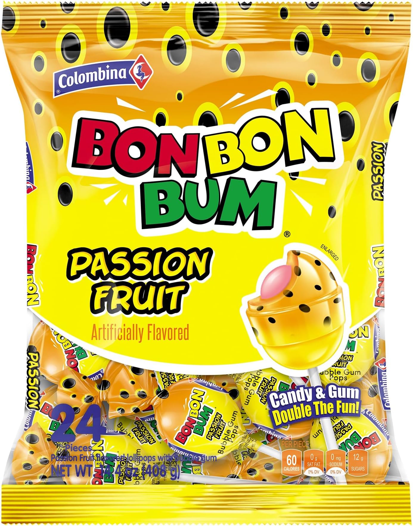 Bon Bon Bum Passion Fruit Lollipops, Tropical Fruit Hard Candy, Individually Wrapped Candy Pops for Parties, Candy Bowl Refill, Office or Classroom Rewards, 24 Count