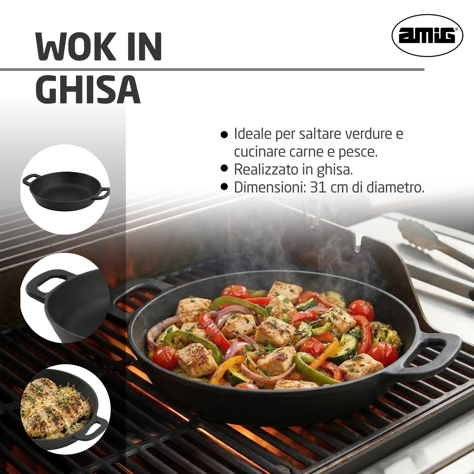 Amig - Wok in Ghisa - Ø31 cm - Distribuzione Uniforme del Calore e Alta Resistenza - Per Barbecue a Carbone o Gas - Mod. AM38