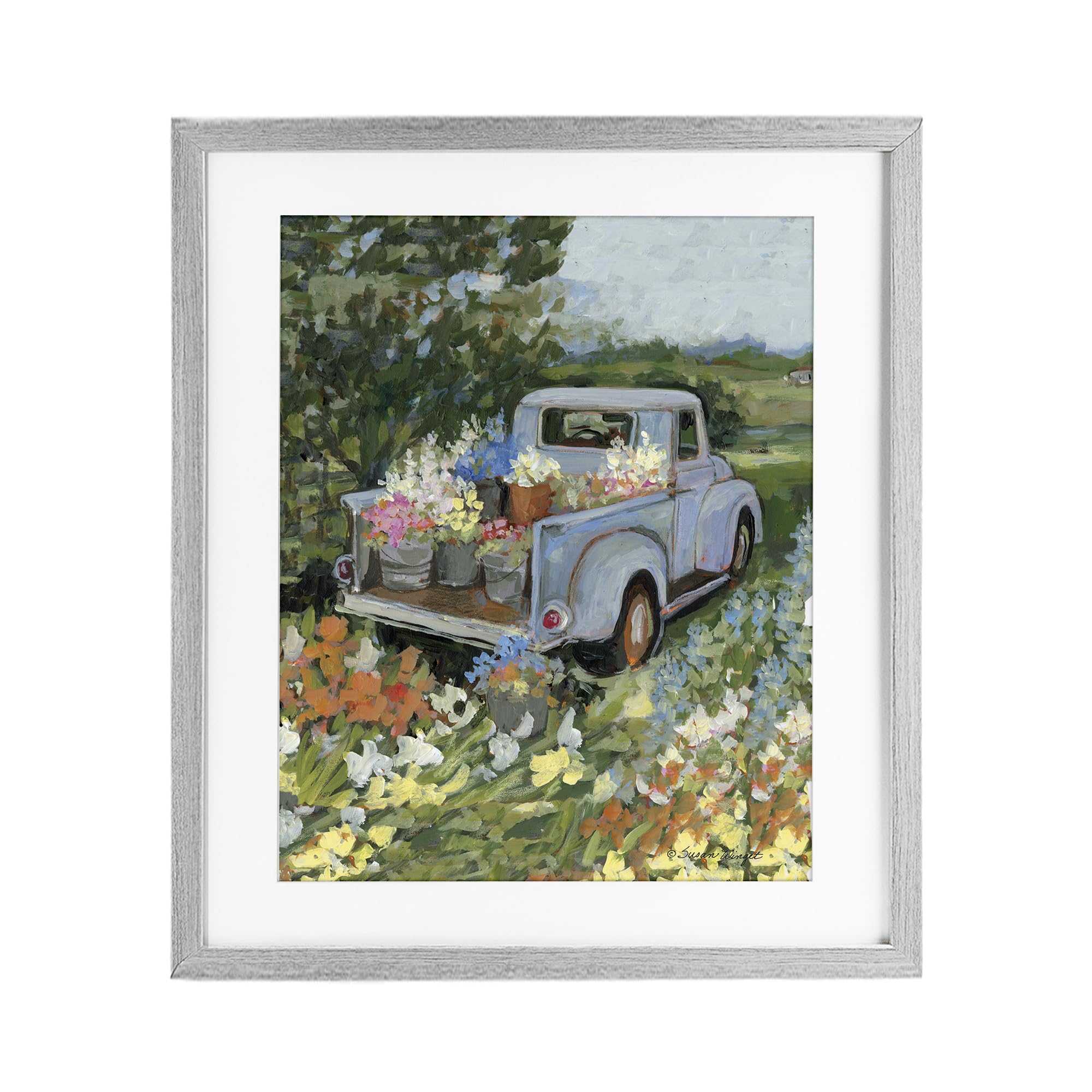 Stupell Industries Farmhouse Gray (Textured) 'Truckin' Field With Flowers'| Framed Print Under Glass