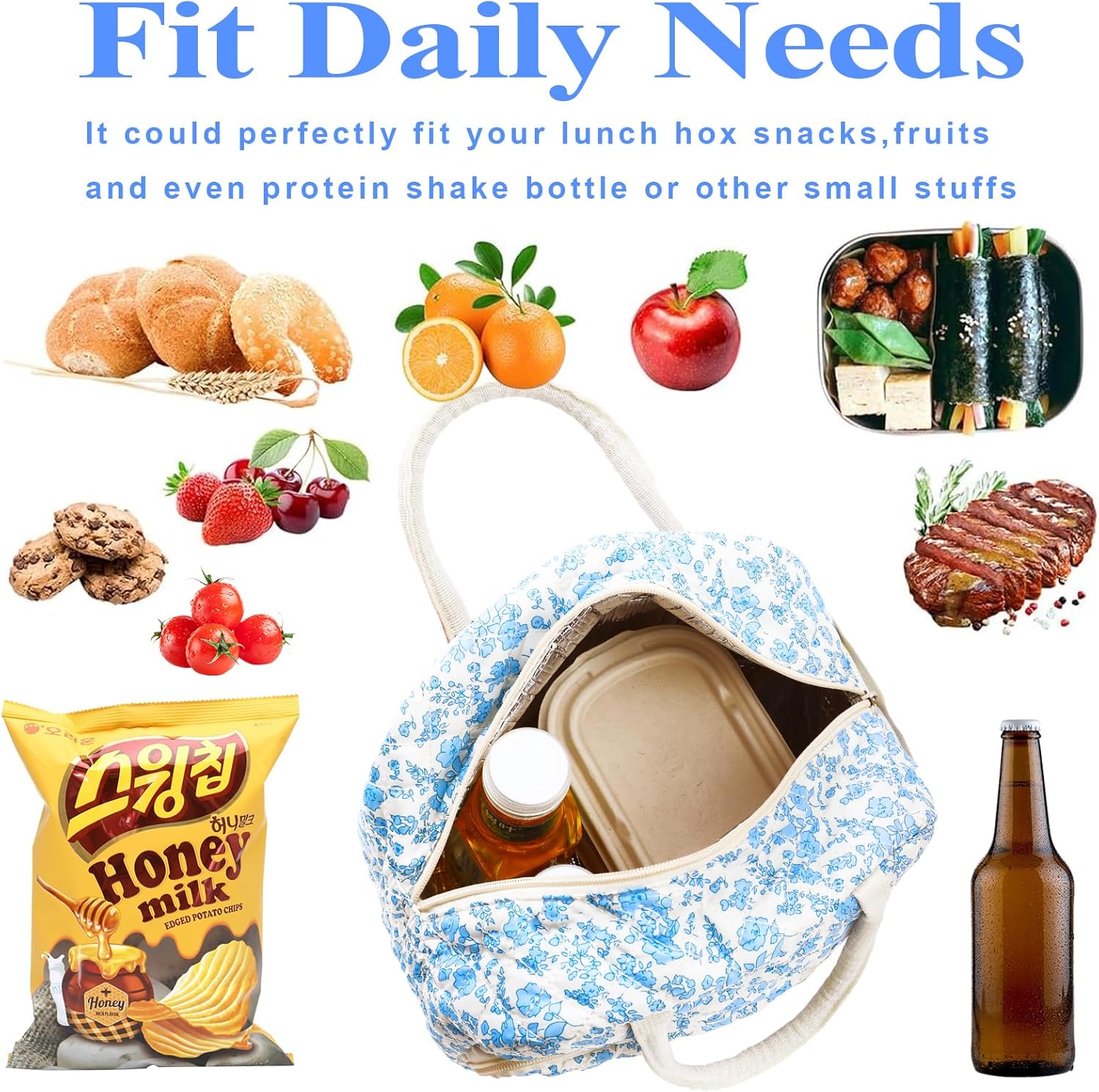 Cute Lunch Box for Women,Insulated Lunch Bag,Reusable Quilted Lunch Tote Bag,Aesthetic Cooler Bag for Adults Work Picnic Travel(Blue) - Image 5