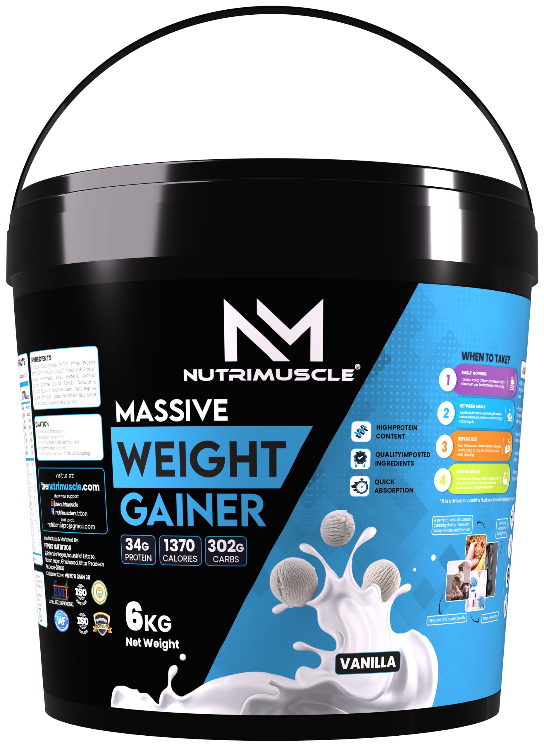 Nutrimuscle ® Massive Weight Gainer - 6 Kgs - Vanilla Flavour - For Weight & Mass Gain - Contains Complex Carbohydrates,Protein and Imported Ingredients for Weight Gain