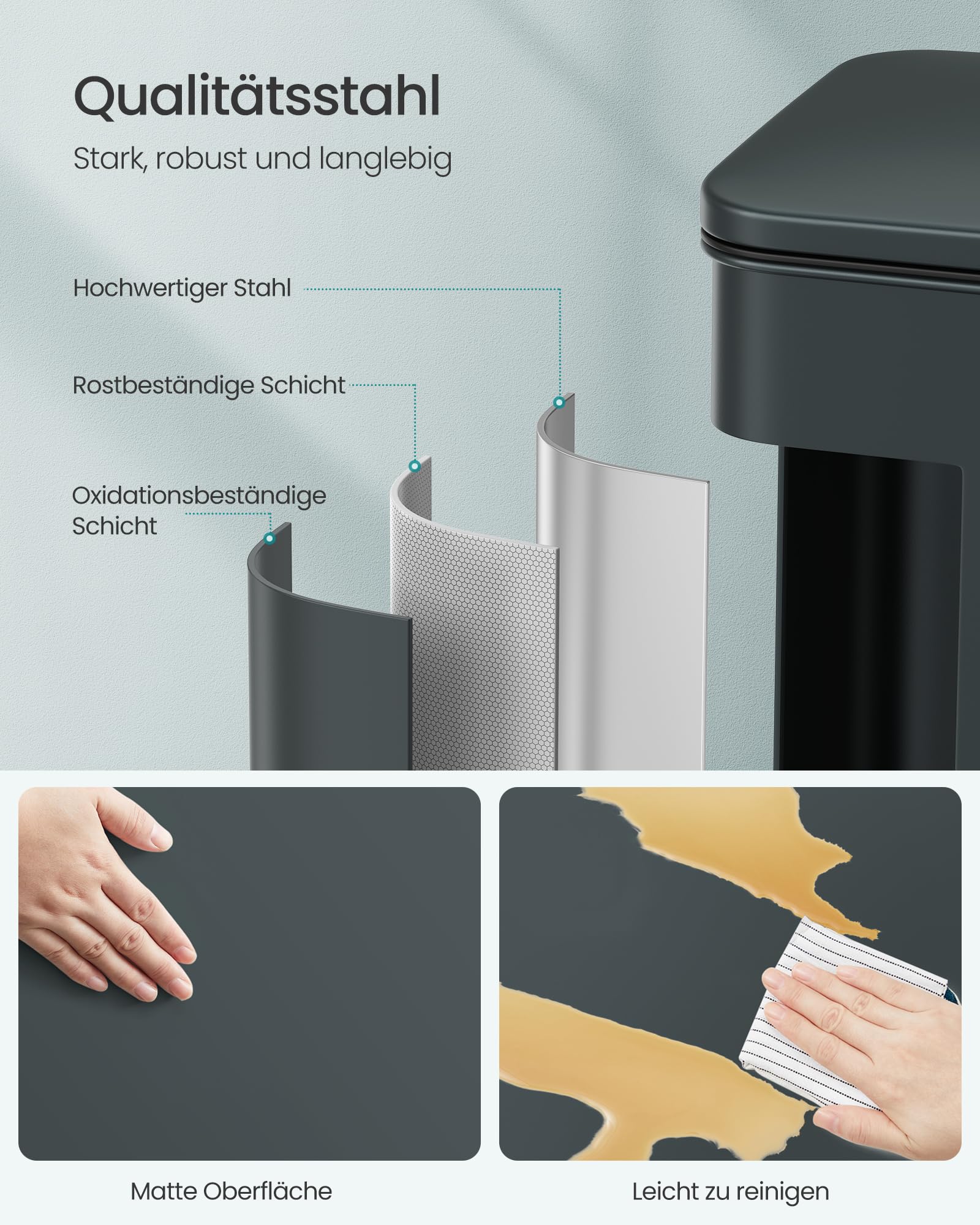 SONGMICS Mülleimer Küche, 40 Liter Abfalleimer, großer Tretmülleimer, mit Deckel, aus Stahl, Softclose, inklusive 15 Müllbeutel, anthrazitgrau LTB540G02