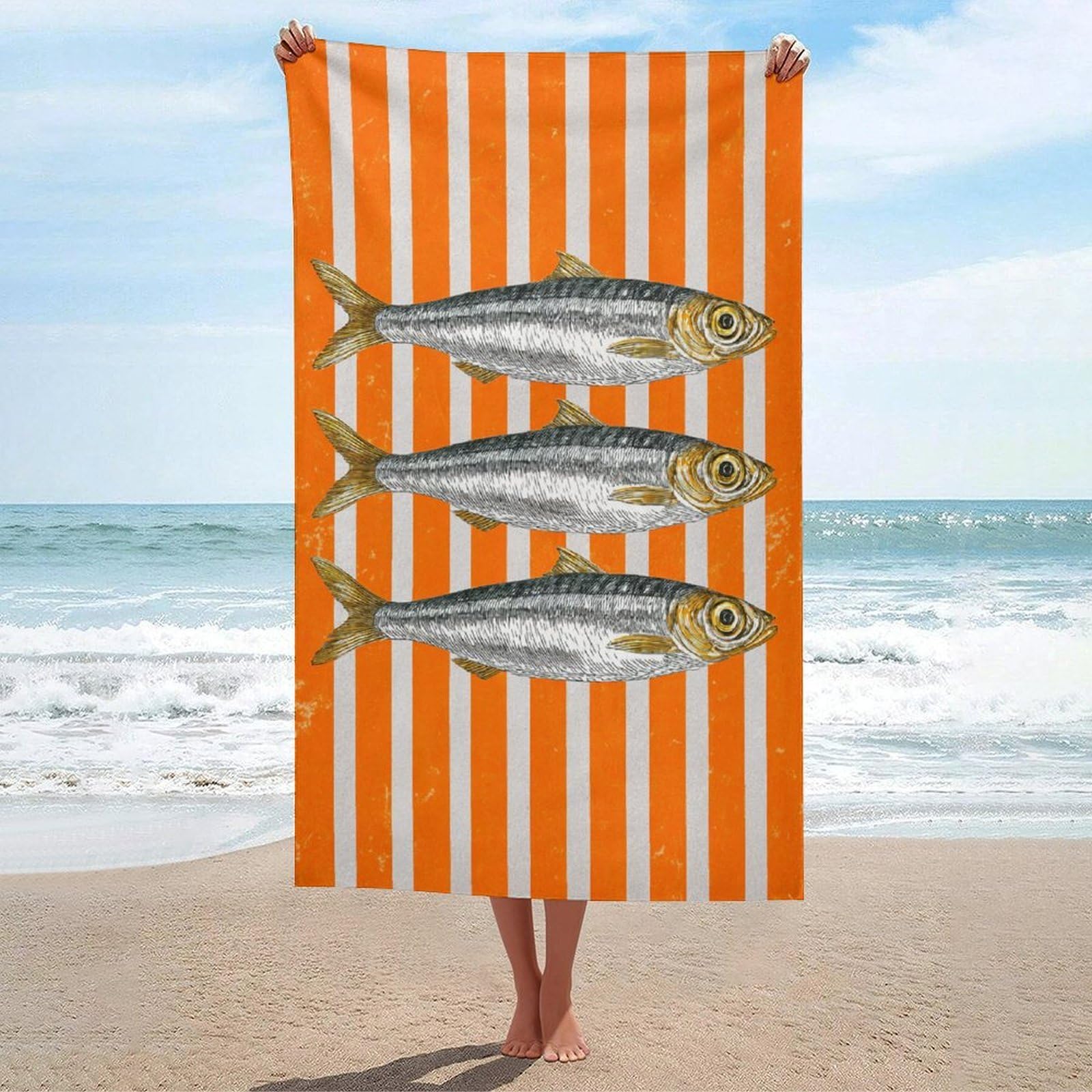 LSRCPD Orange White Striped with Three Sardines Beach Towel Sand Free Microfiber Large Shower Towels Multipurpose Absorbent for Bathroom Pool 130x80 CM