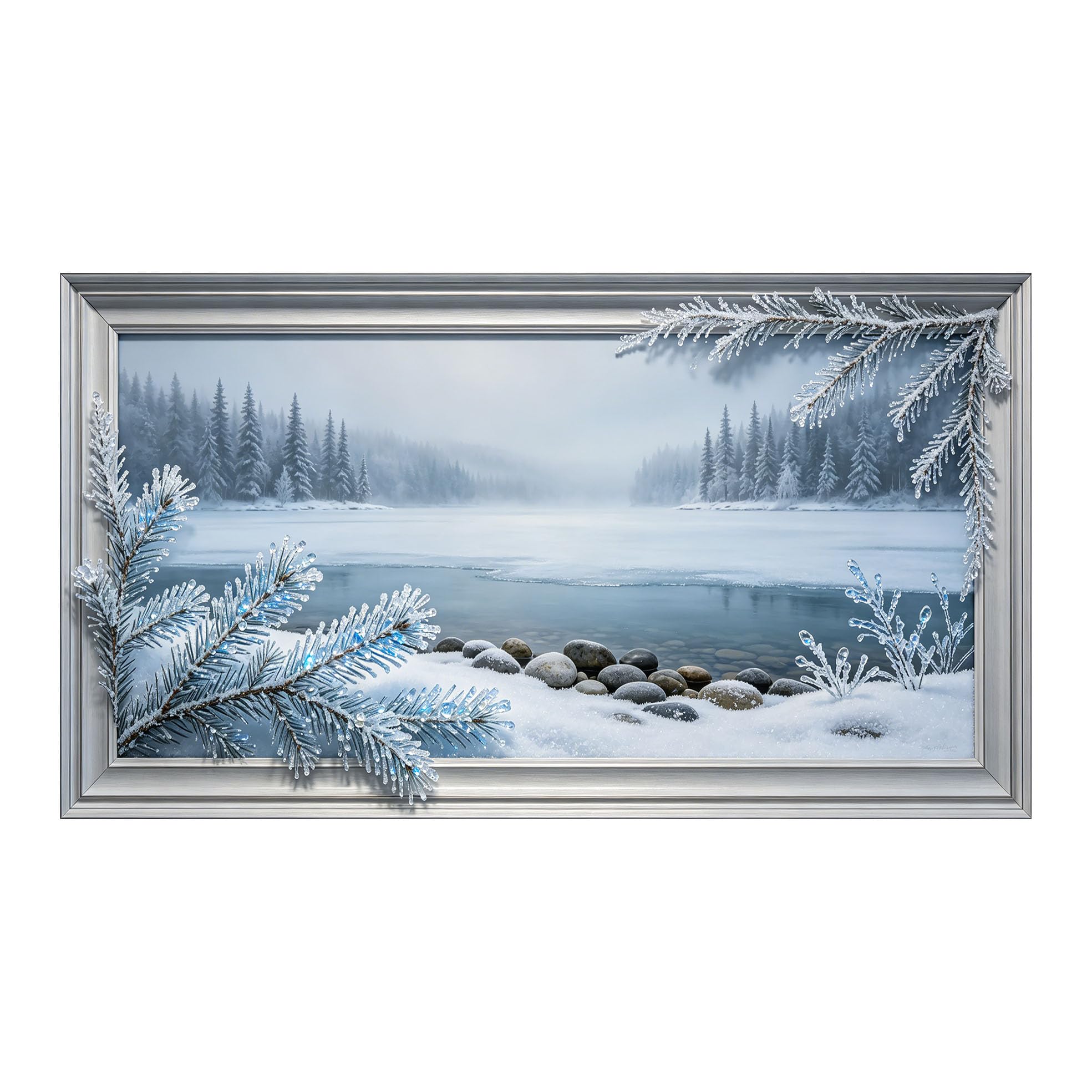 Yzpallescene 3D Framed Wall Art 50cm×100cm Snowy Lake Mountain Panoramic View Aesthetic Nature Photography Large Size SelfAdhesive Removable Wall Decor Prints Artwork for Living Room Bedroom Office