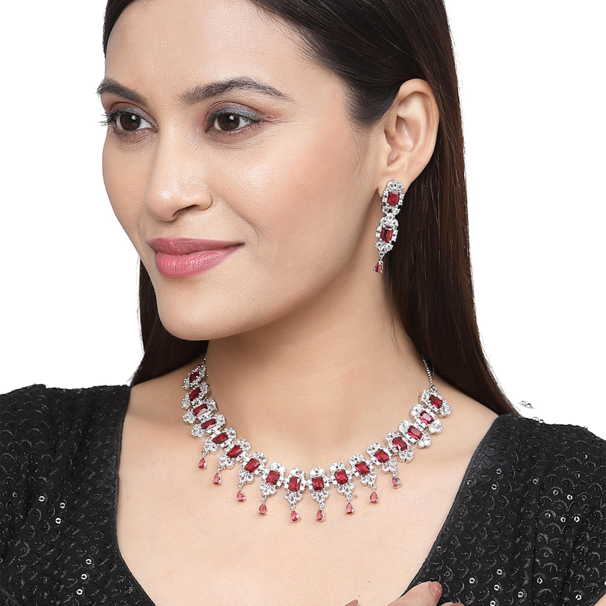Rhodium Plated Square Shaped Silver Toned American Diamond Necklace Set