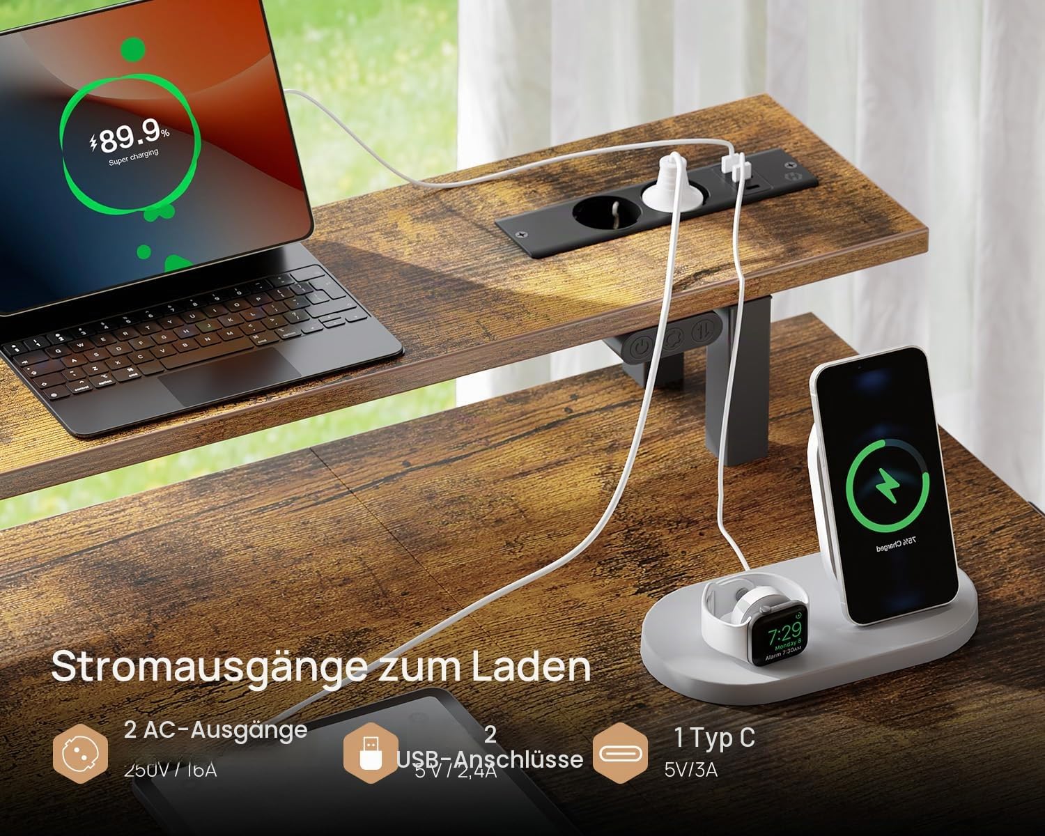 Seventable Computertisch 120 cm mit LED-Leuchten und Steckdosen, Home-Office-Schreibtisch mit 4 Schubladen, Schreibtisch mit Tastaturablage, Arbeitsschreibtisch mit Monitorständer (Vintagebraun)