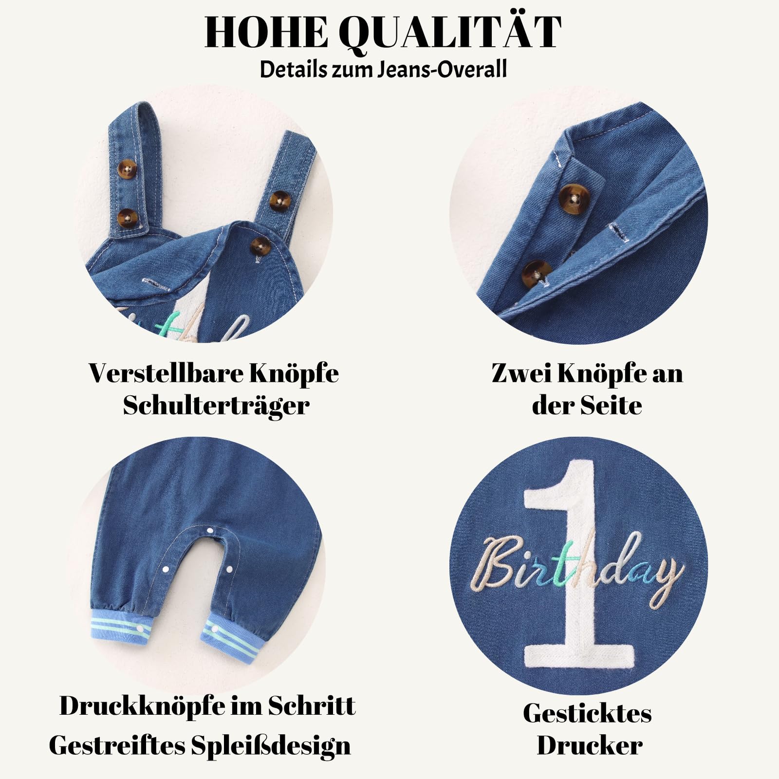 BOUTIKOME Jungen 1. Geburtstag Outfit Baby Junge Overall Set Neugeborenen Kleidung Streifen Langarm Strampler Einstellbare Jeans Latzhose mit knöpfe Stickerei Drucker Bekleidungsset