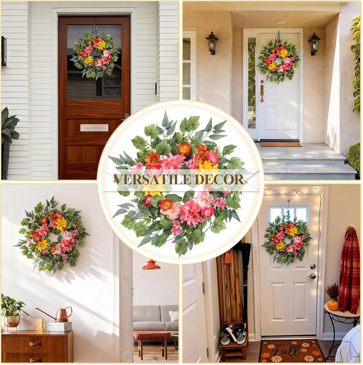 27 Inch Spring Wreaths for Front Door with Dahlia, Peony & Camellia Silk Flowers - Artificial Spring Summer Front Door Wreath Outside for Porch Wall Living Room Home Wedding Decor